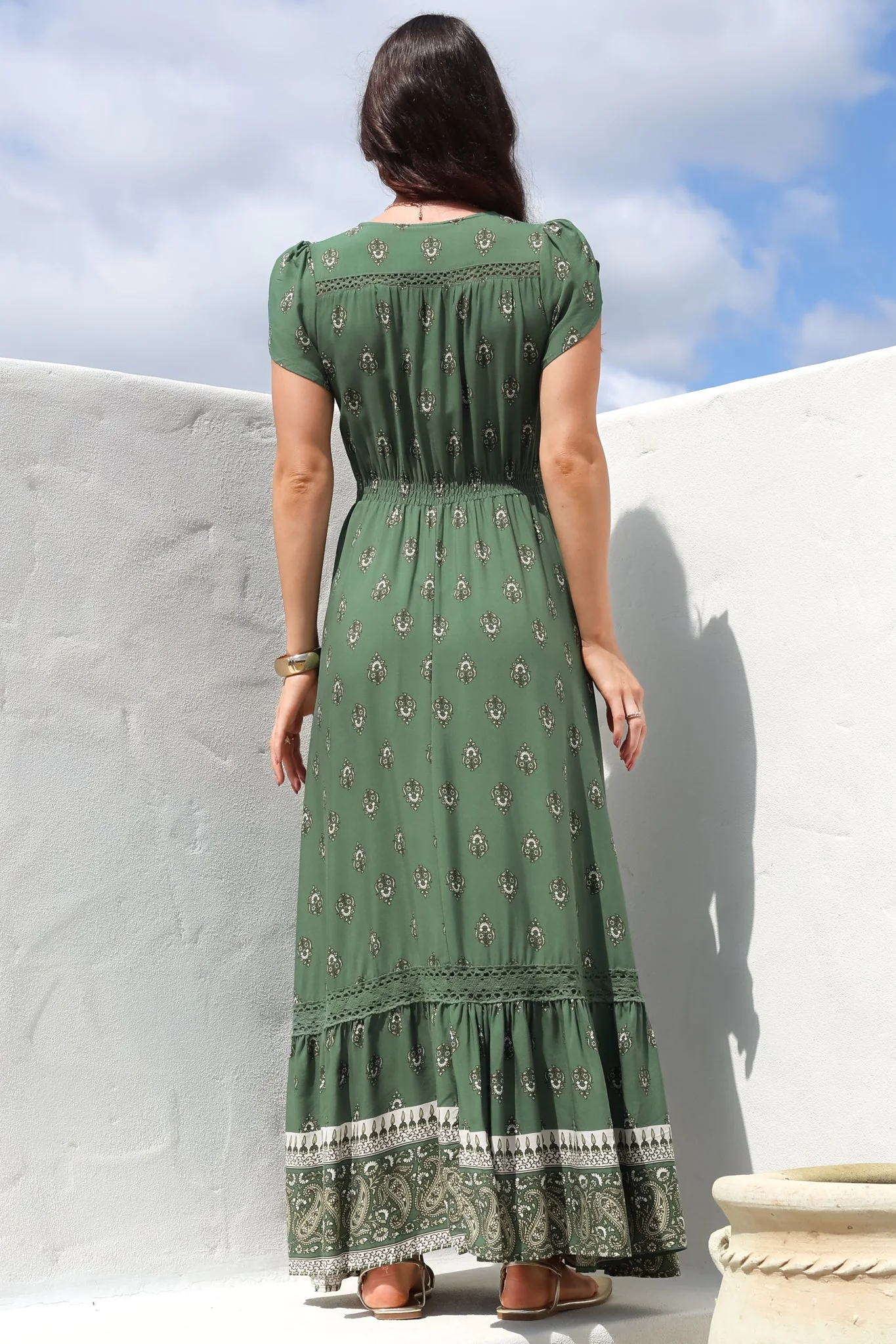 JAASE - Carmen Maxi Dress: Butterfly Cap Sleeve Button Down A Line Dress with Lace Trim in Virdian Print - Image 10