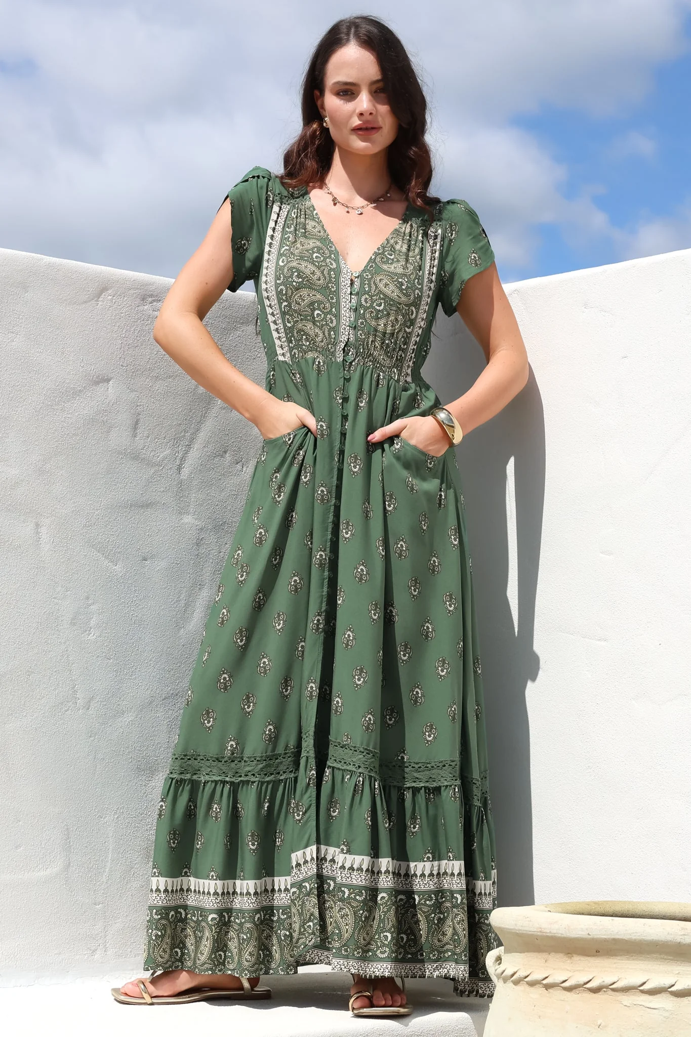 JAASE - Carmen Maxi Dress: Butterfly Cap Sleeve Button Down A Line Dress with Lace Trim in Virdian Print - Image 2