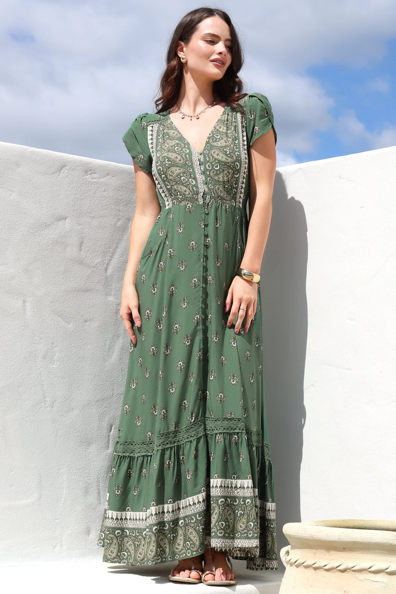 JAASE - Carmen Maxi Dress: Butterfly Cap Sleeve Button Down A Line Dress with Lace Trim in Virdian Print - Image 5