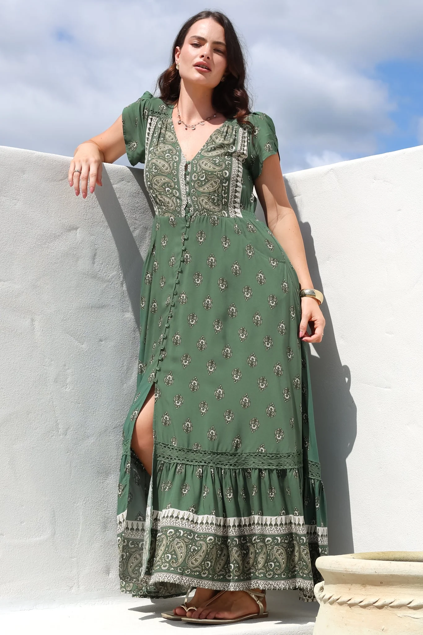 JAASE - Carmen Maxi Dress: Butterfly Cap Sleeve Button Down A Line Dress with Lace Trim in Virdian Print - Image 6