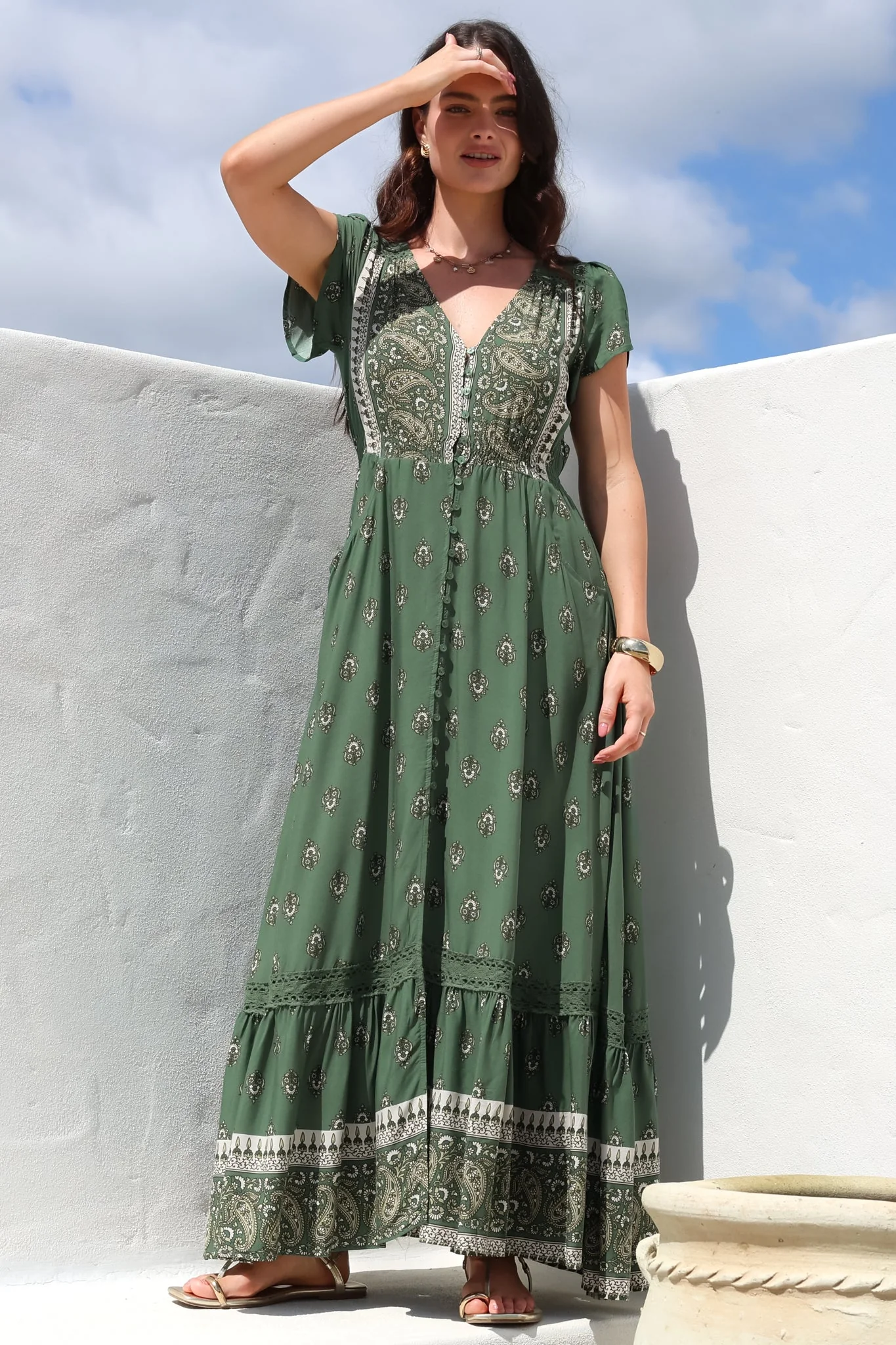 JAASE - Carmen Maxi Dress: Butterfly Cap Sleeve Button Down A Line Dress with Lace Trim in Virdian Print - Image 7