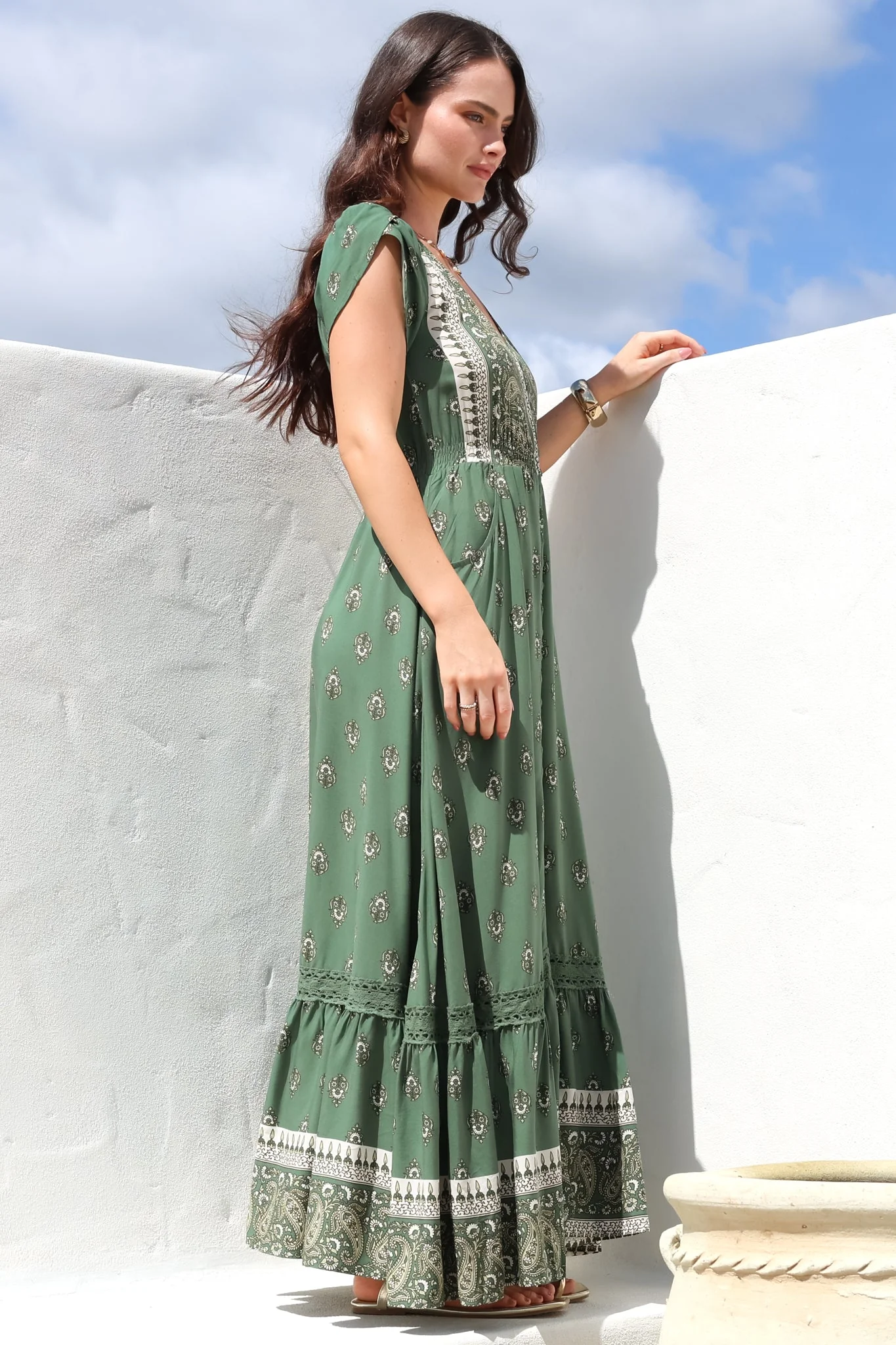 JAASE - Carmen Maxi Dress: Butterfly Cap Sleeve Button Down A Line Dress with Lace Trim in Virdian Print - Image 9