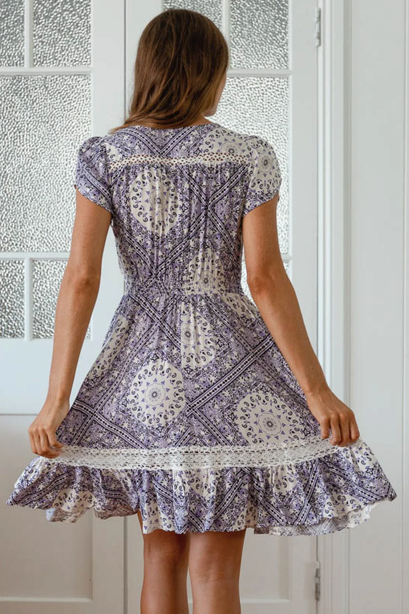 JAASE - Carmen Mini Dress: Butterfly Cap Sleeve Button Down A Line Dress with Lace Trim in Lilac Lullaby Print - Image 6