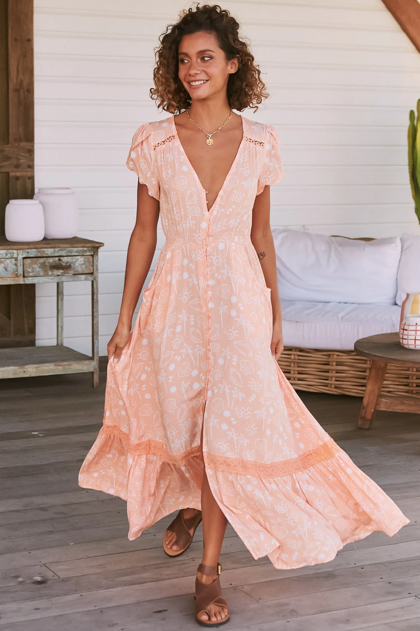 JAASE - Carmen Maxi Dress: Butterfly Cap Sleeve Button Down A Line Dress with Lace Trim in Peach Island Print - Image 2