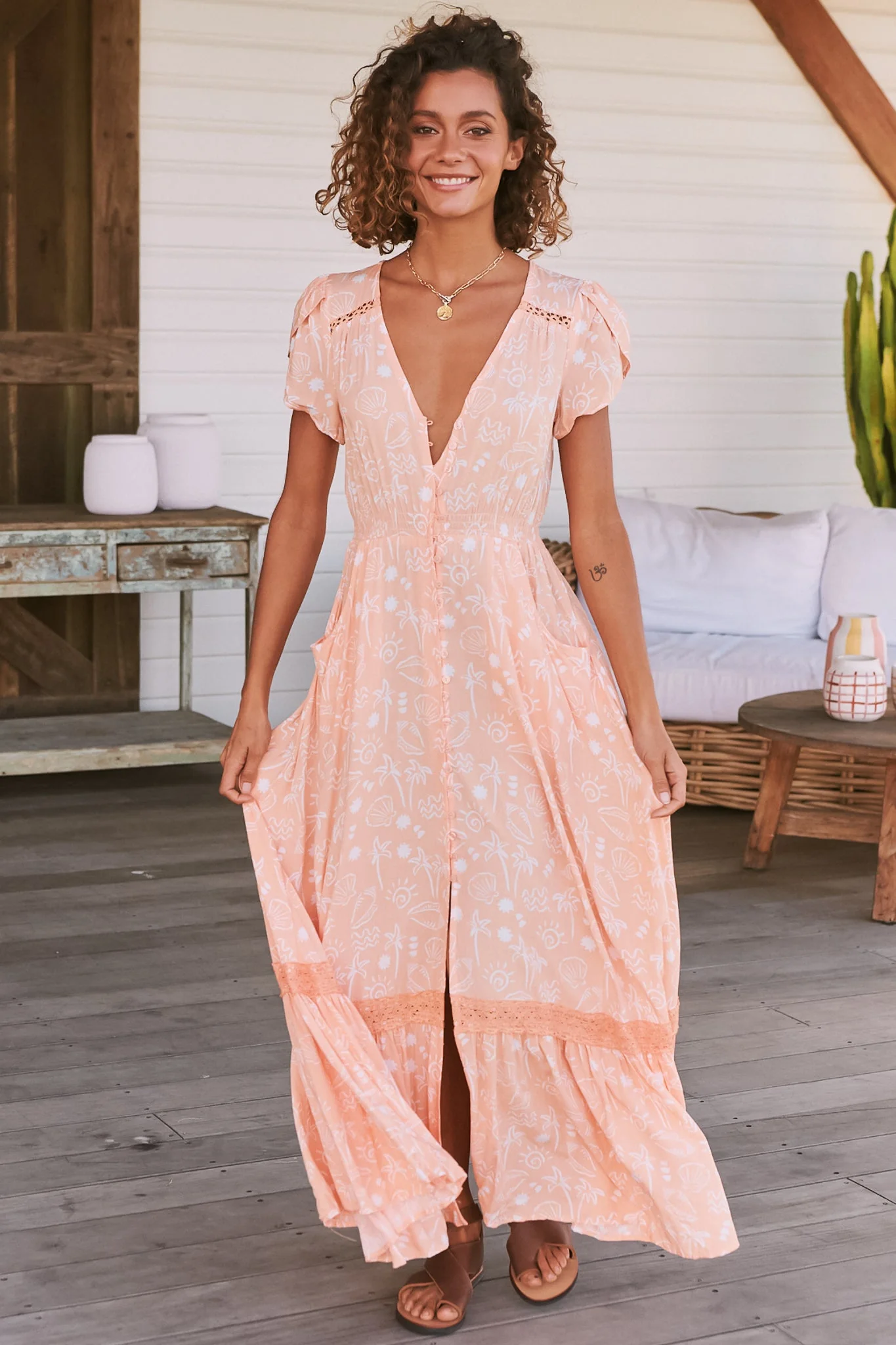JAASE - Carmen Maxi Dress: Butterfly Cap Sleeve Button Down A Line Dress with Lace Trim in Peach Island Print - Image 3