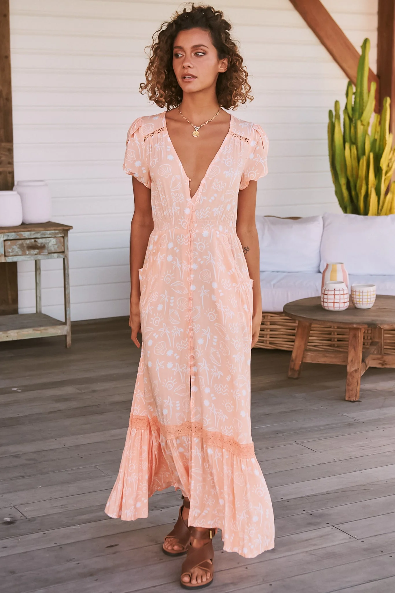 JAASE - Carmen Maxi Dress: Butterfly Cap Sleeve Button Down A Line Dress with Lace Trim in Peach Island Print - Image 4