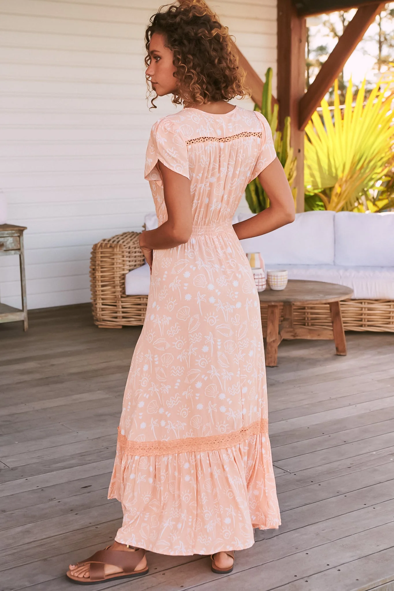 JAASE - Carmen Maxi Dress: Butterfly Cap Sleeve Button Down A Line Dress with Lace Trim in Peach Island Print - Image 6