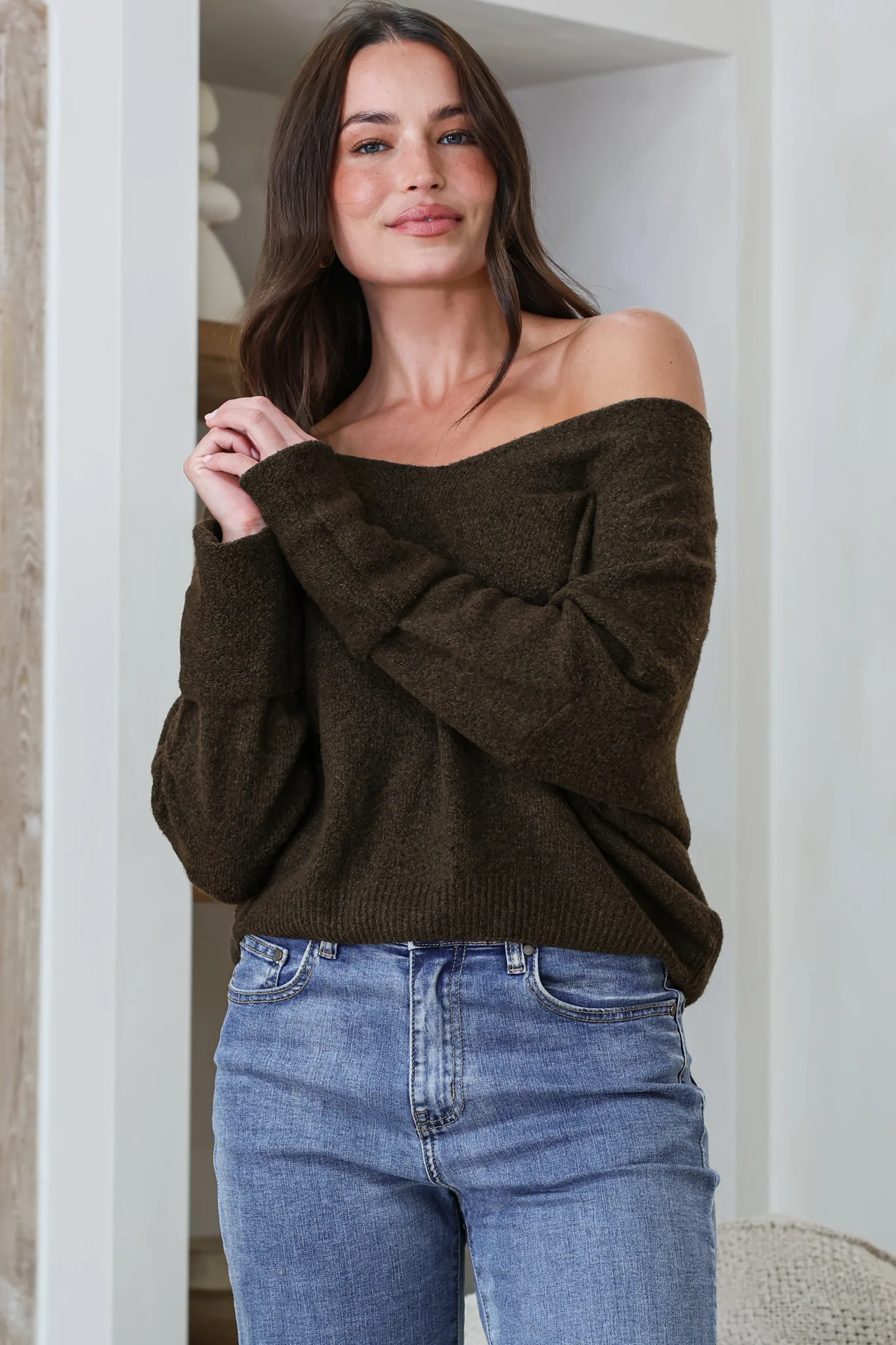 Carol Knit Top - Soft V Neck Batwing Sleeve Knit Top in Dark Chocolate - Image 4