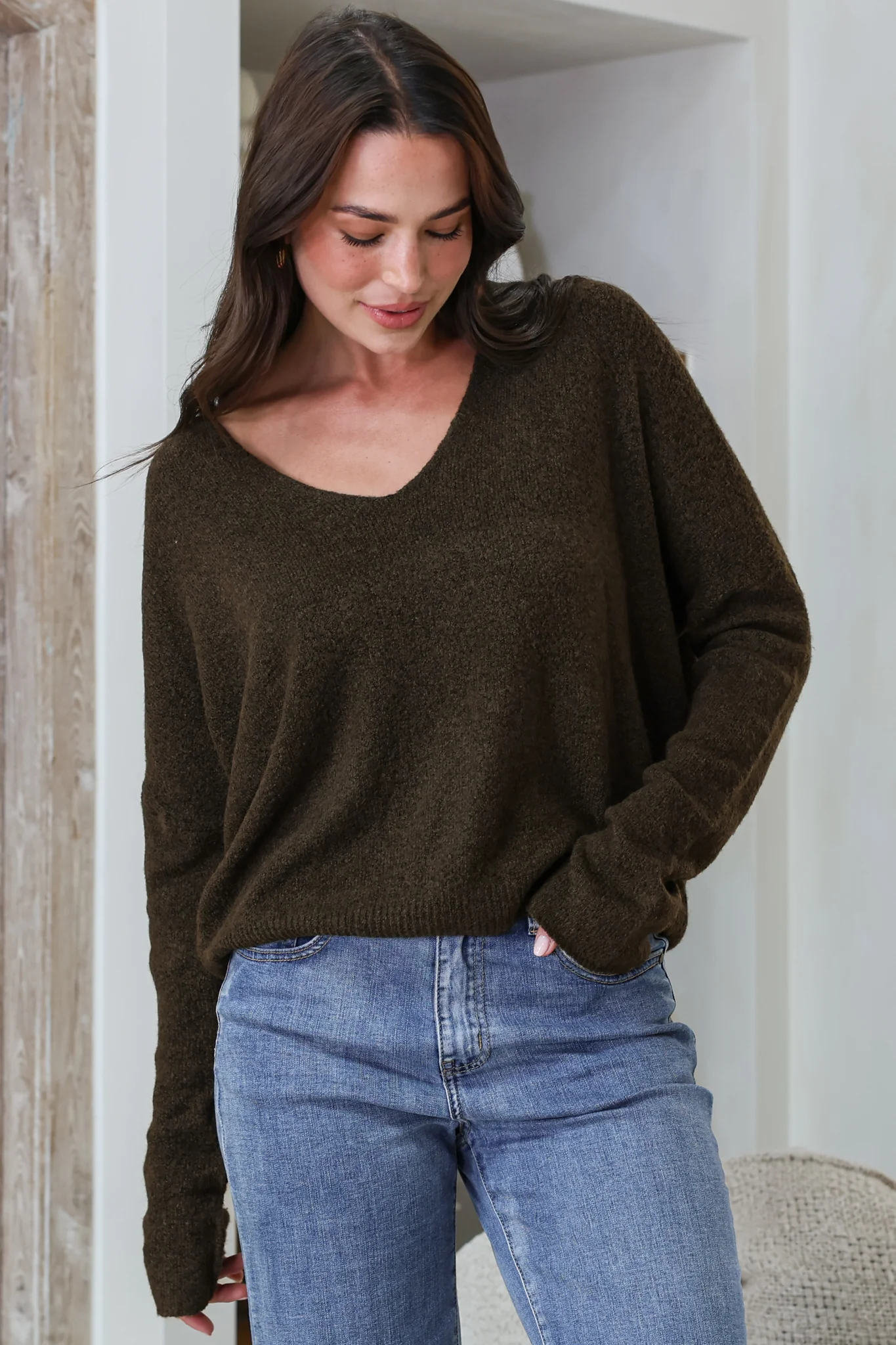Carol Knit Top - Soft V Neck Batwing Sleeve Knit Top in Dark Chocolate - Image 5