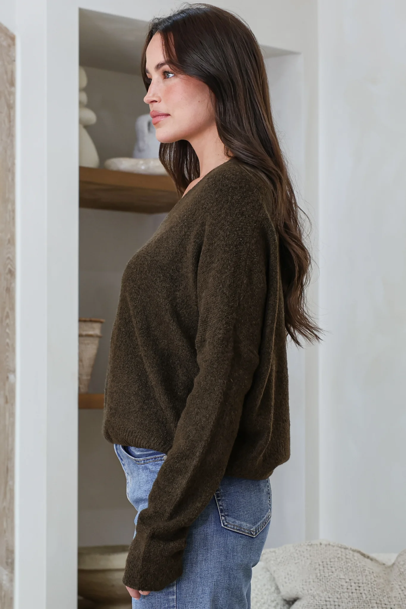 Carol Knit Top - Soft V Neck Batwing Sleeve Knit Top in Dark Chocolate - Image 6
