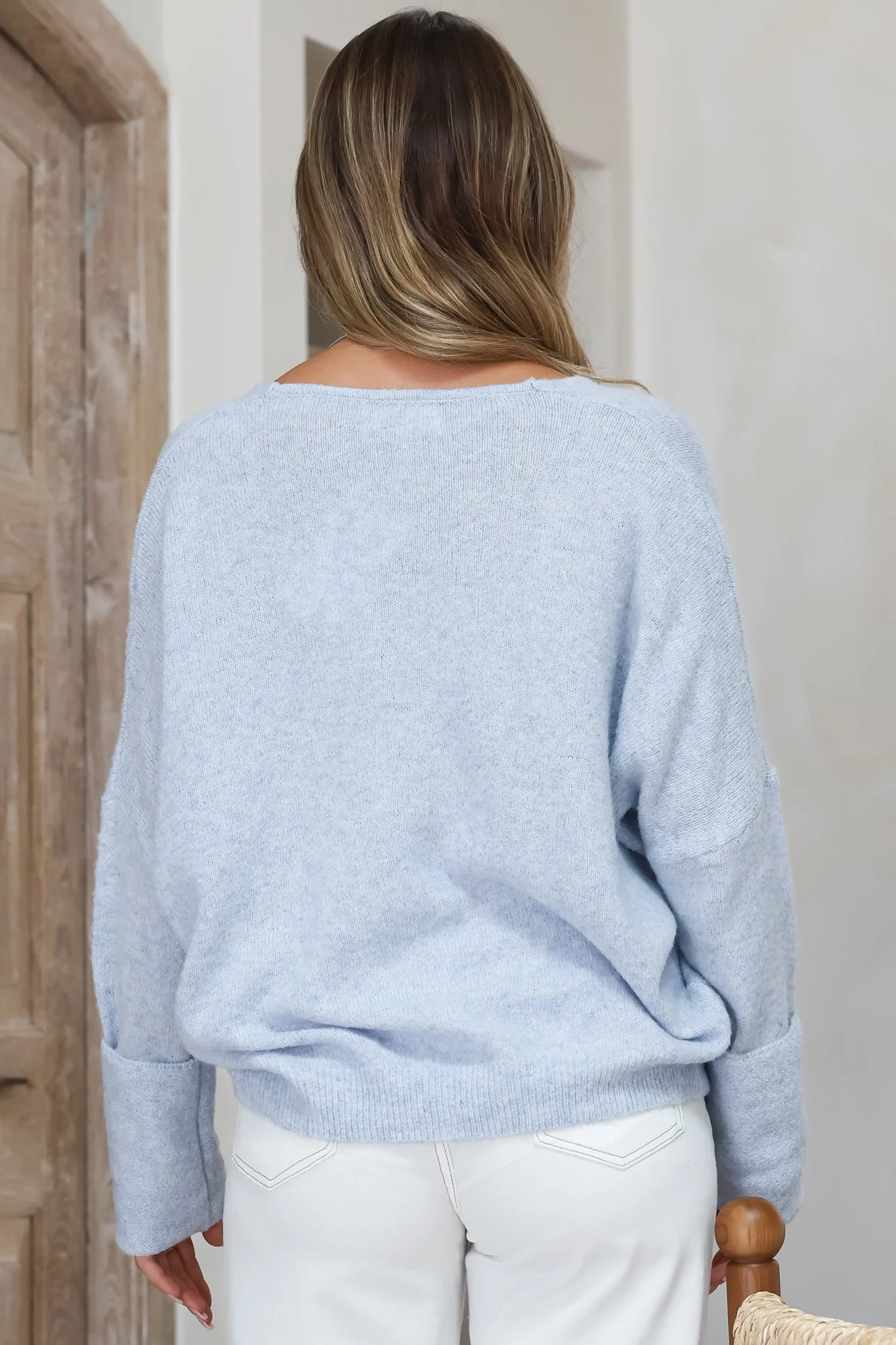 Carol Knit Top - Soft V Neck Batwing Sleeve Knit Top in Light Denim Blue - Image 8