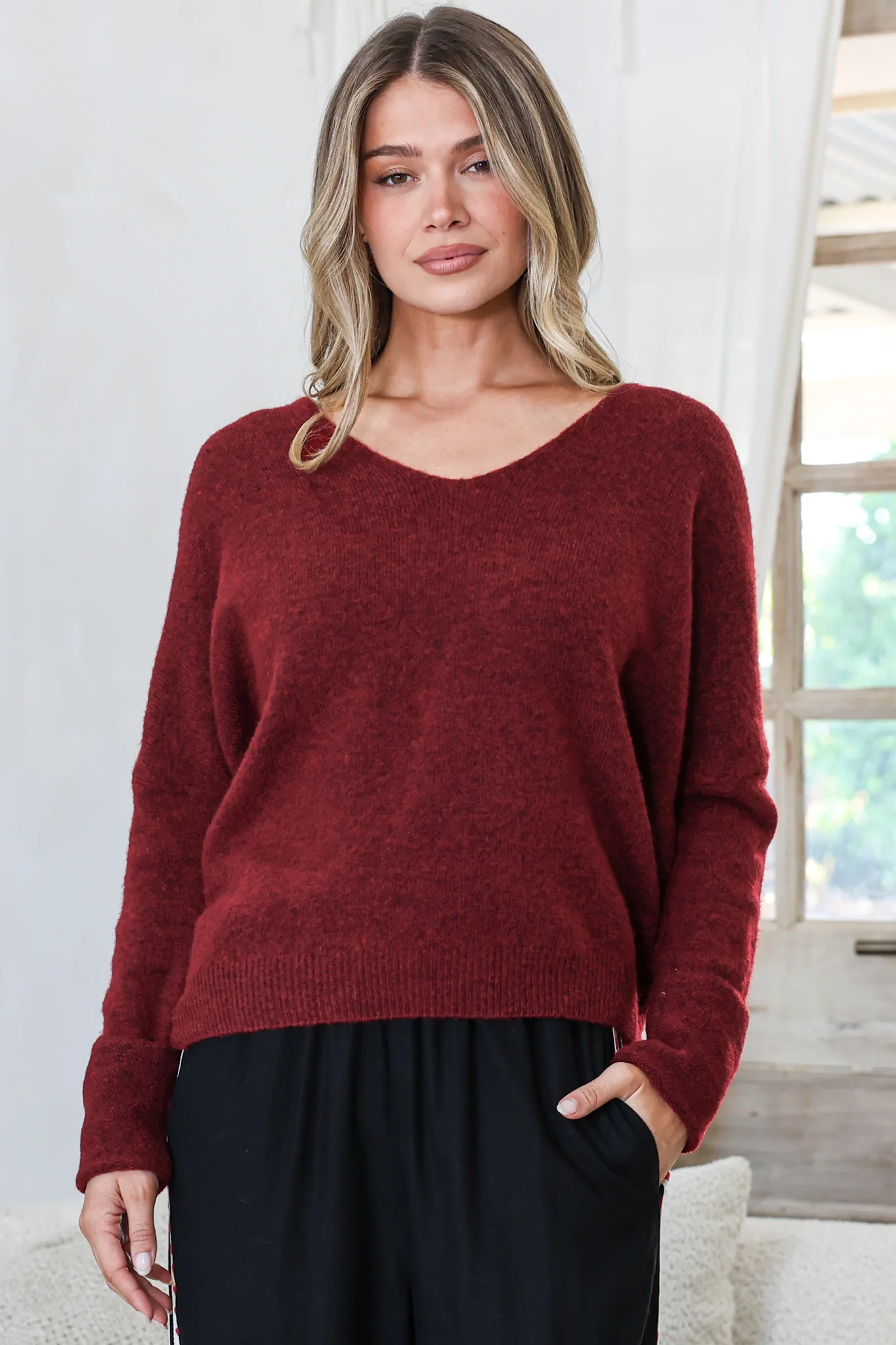 Carol Knit Top - Soft V Neck Batwing Sleeve Knit Top in Wine