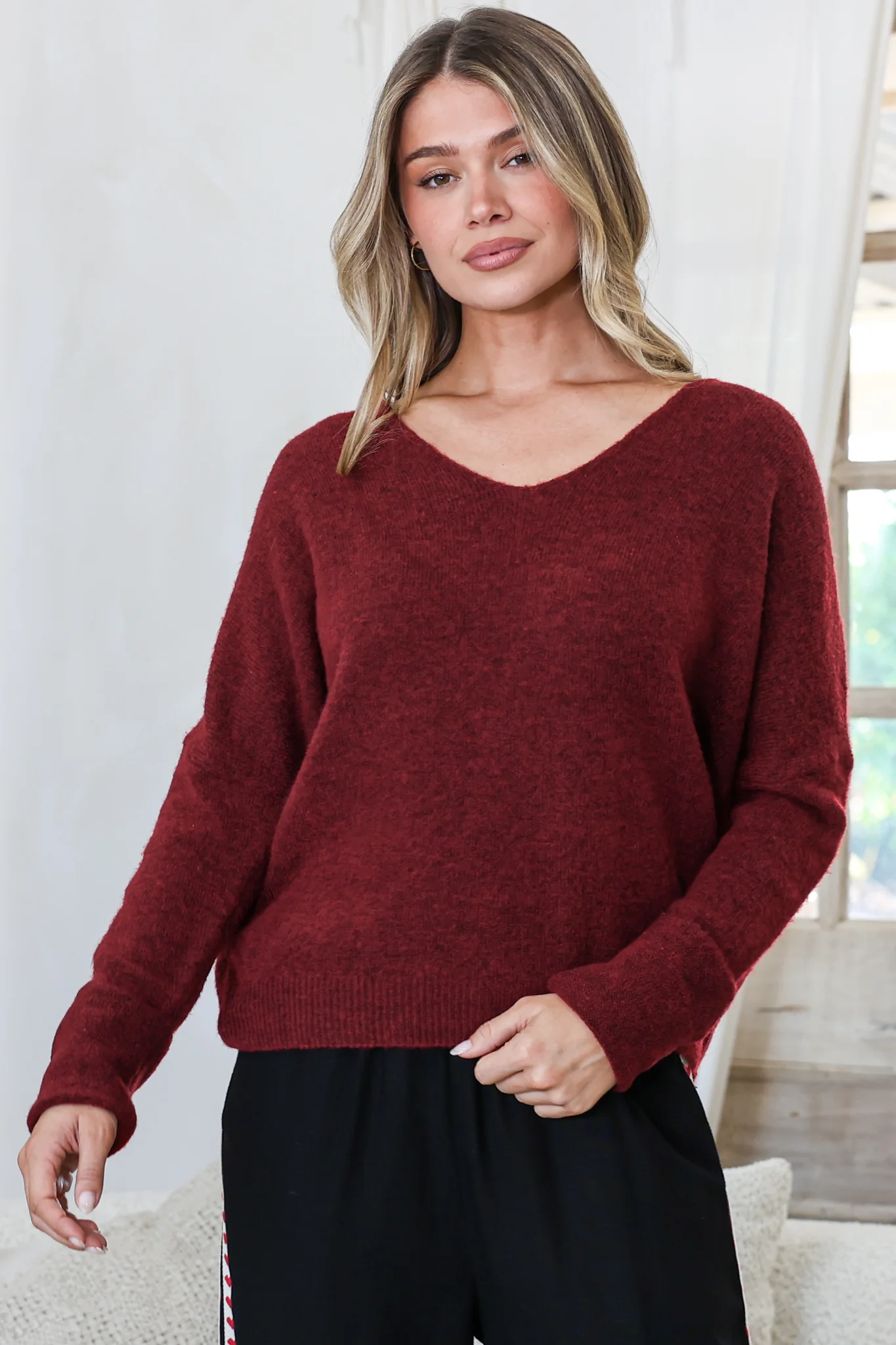 Carol Knit Top - Soft V Neck Batwing Sleeve Knit Top in Wine - Image 3