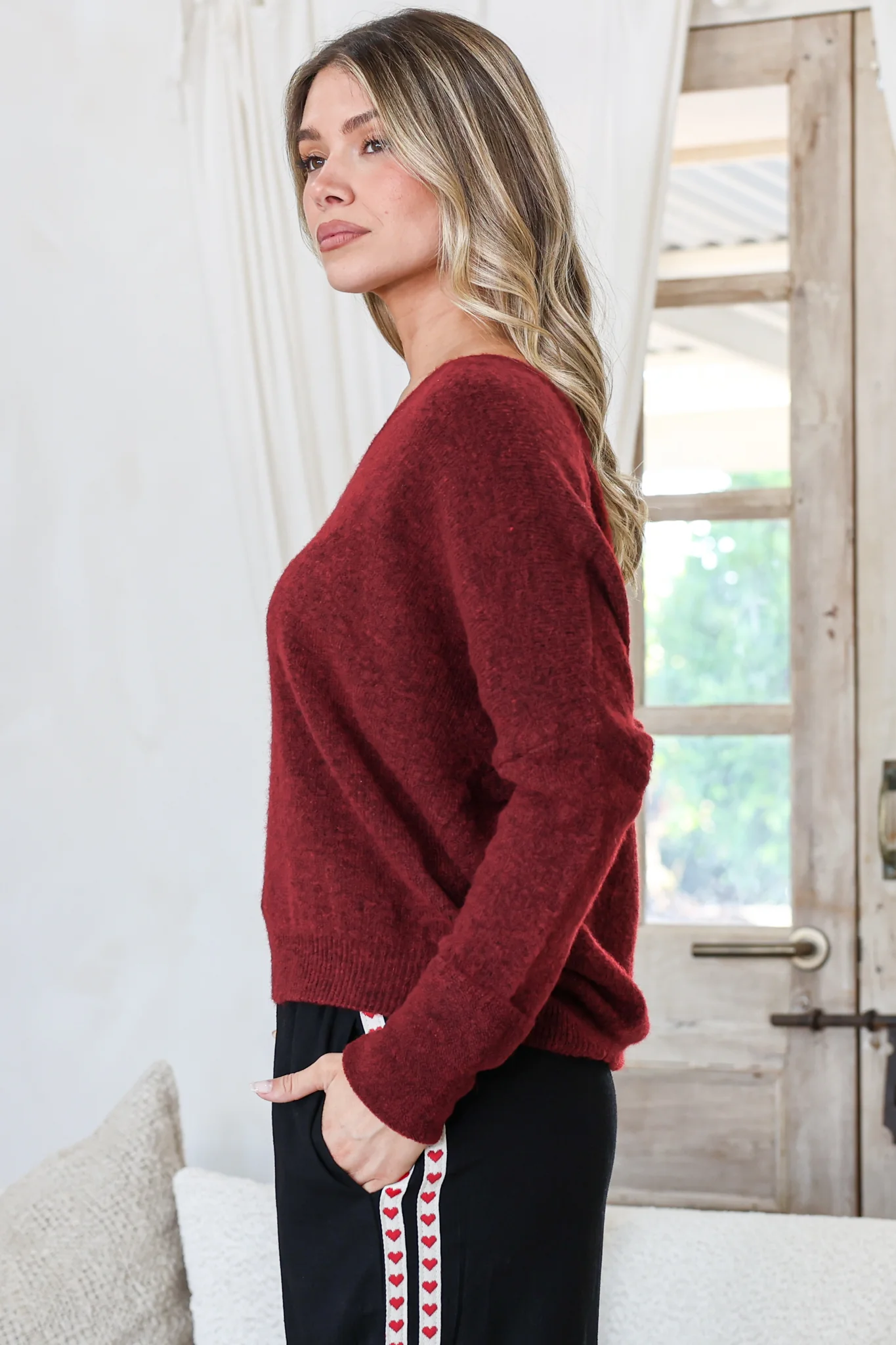 Carol Knit Top - Soft V Neck Batwing Sleeve Knit Top in Wine - Image 7