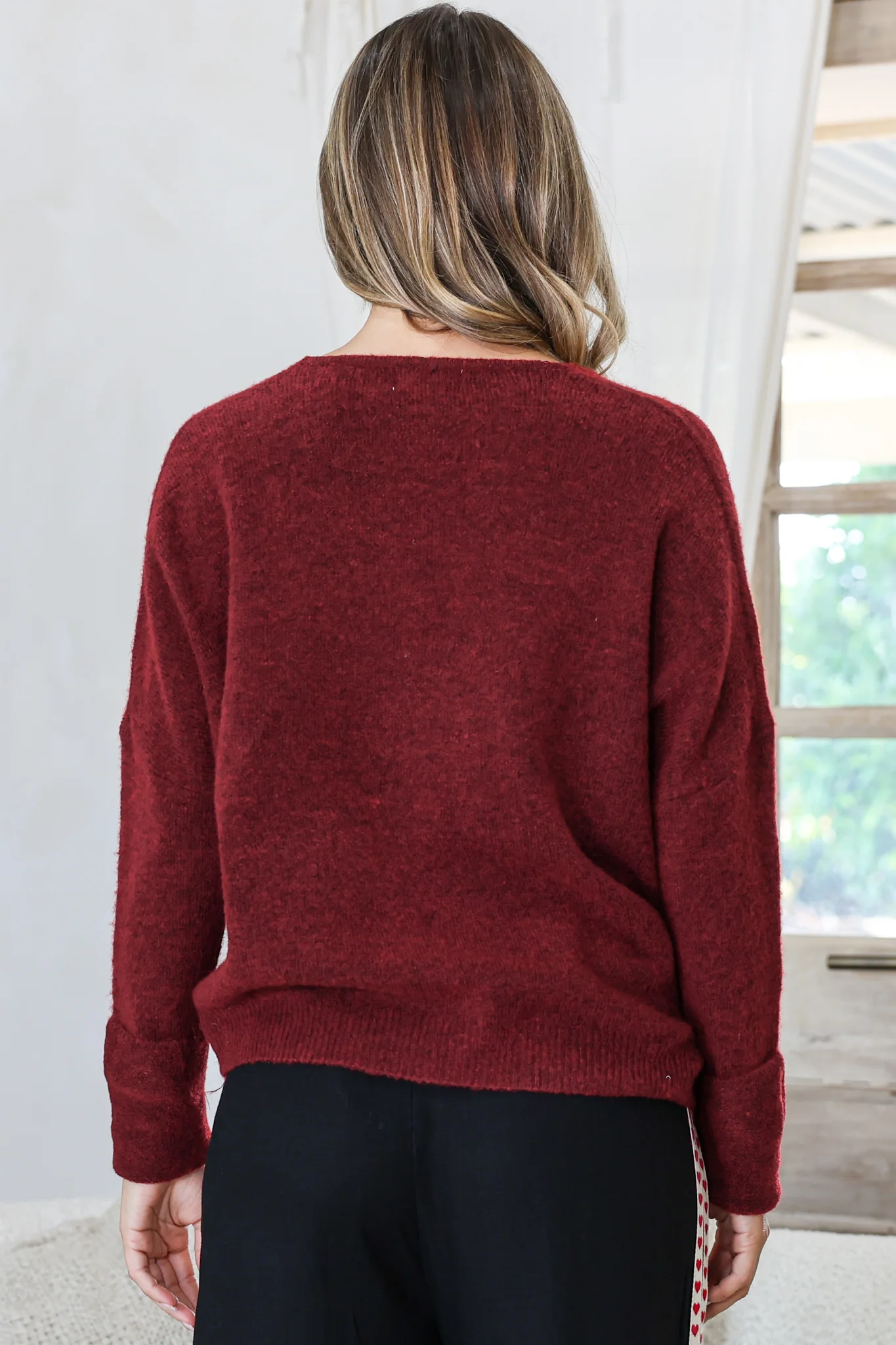 Carol Knit Top - Soft V Neck Batwing Sleeve Knit Top in Wine - Image 8