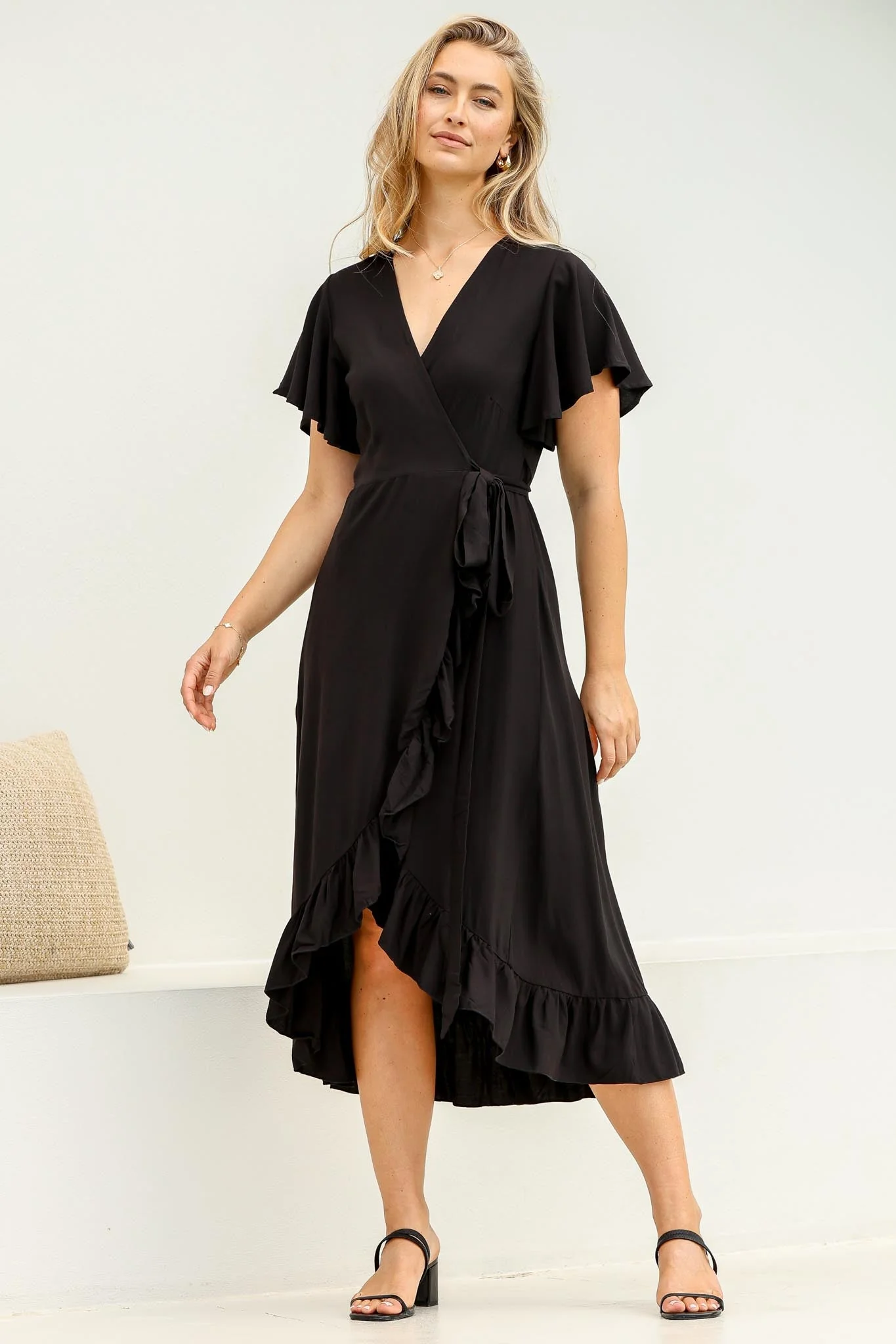 Carolina Midi Dress - V Neck Wrap Dress with Ruffle High Low Hemline in Black - Image 10