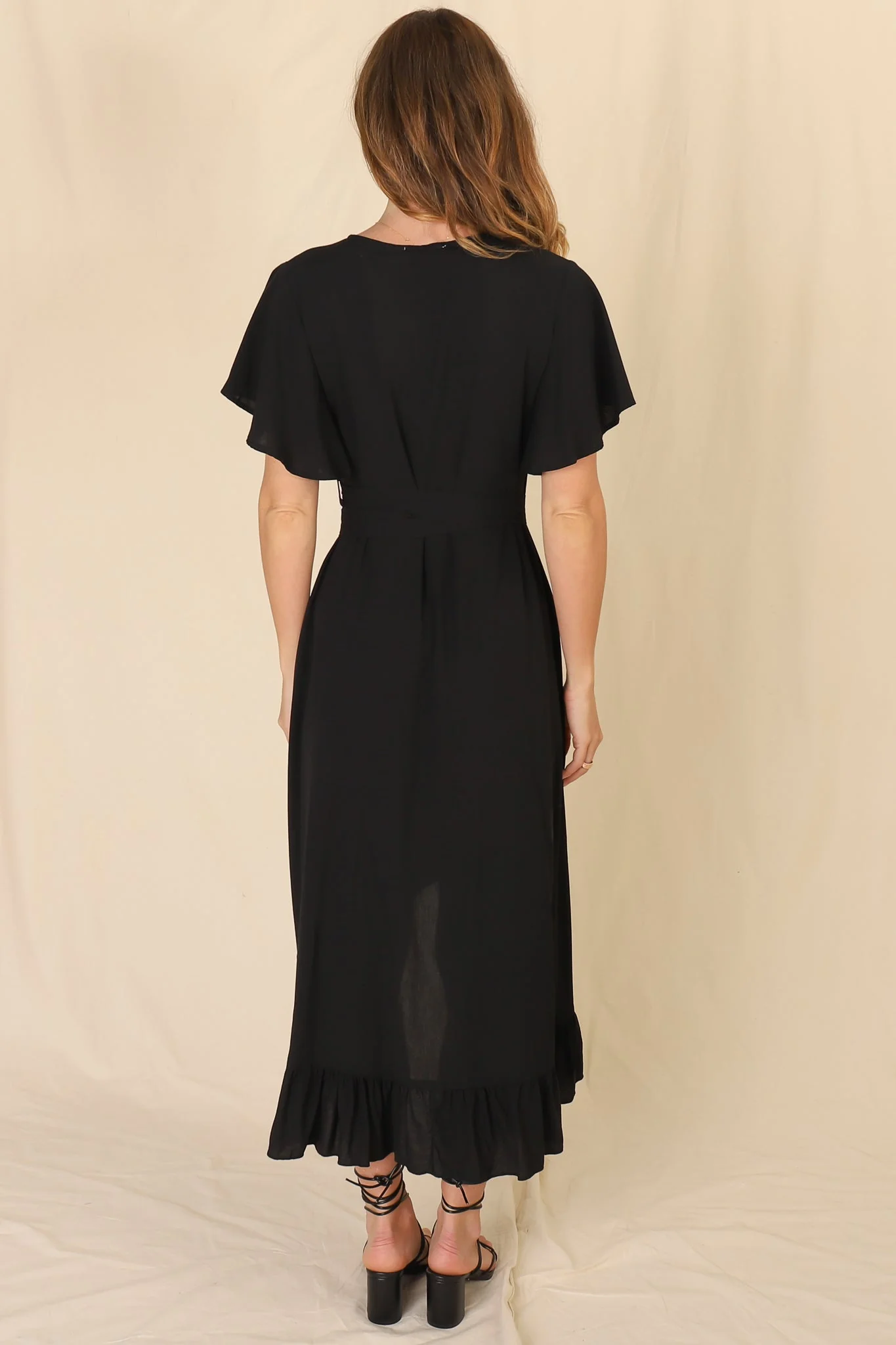 Carolina Midi Dress - V Neck Wrap Dress with Ruffle High Low Hemline in Black - Image 17