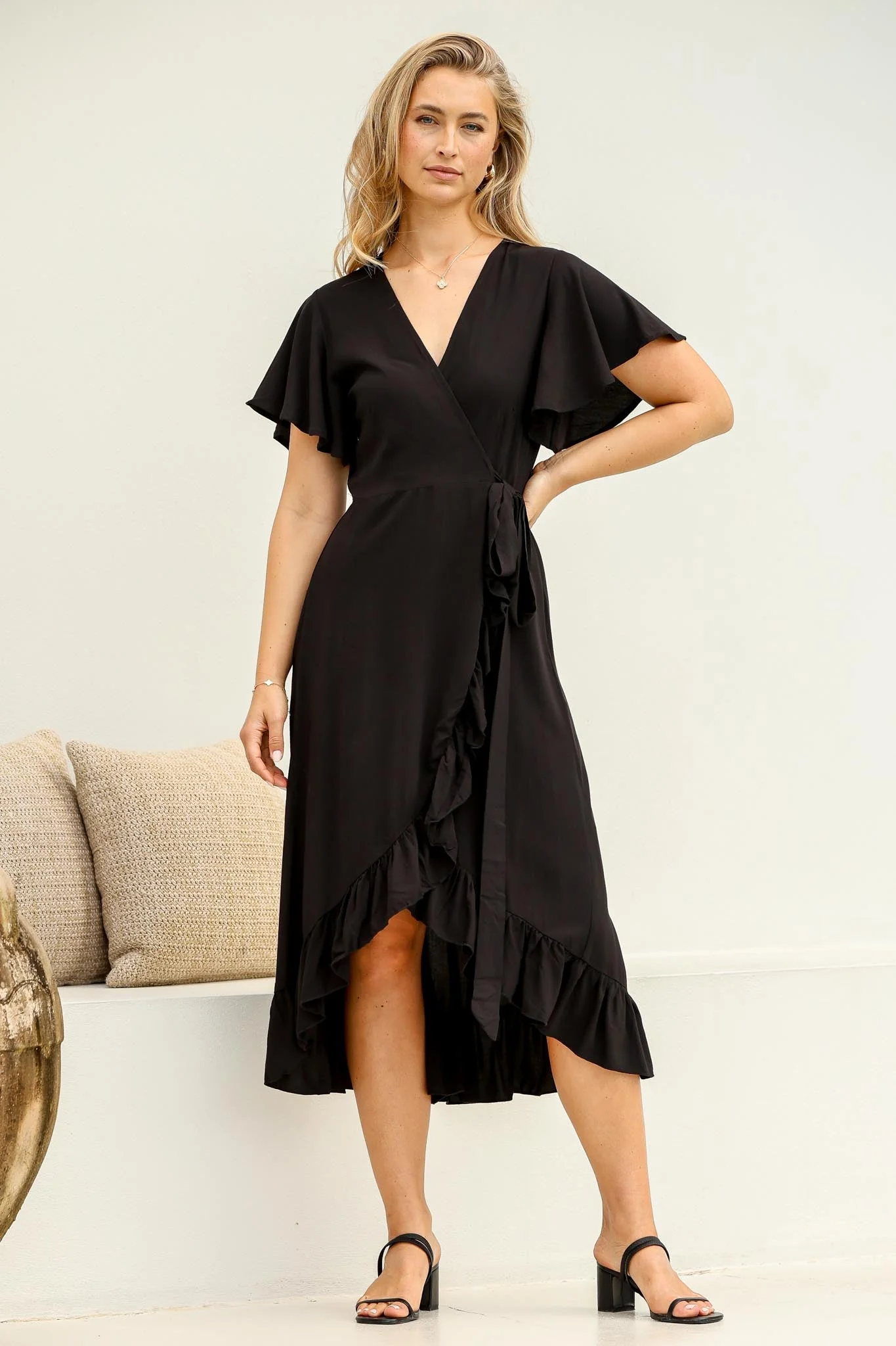 Carolina Midi Dress - V Neck Wrap Dress with Ruffle High Low Hemline in Black - Image 5