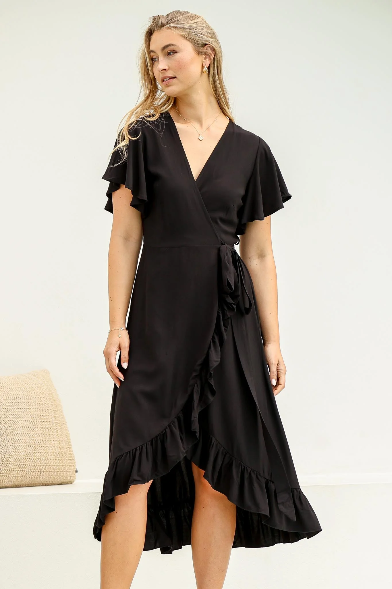 Carolina Midi Dress - V Neck Wrap Dress with Ruffle High Low Hemline in Black - Image 7