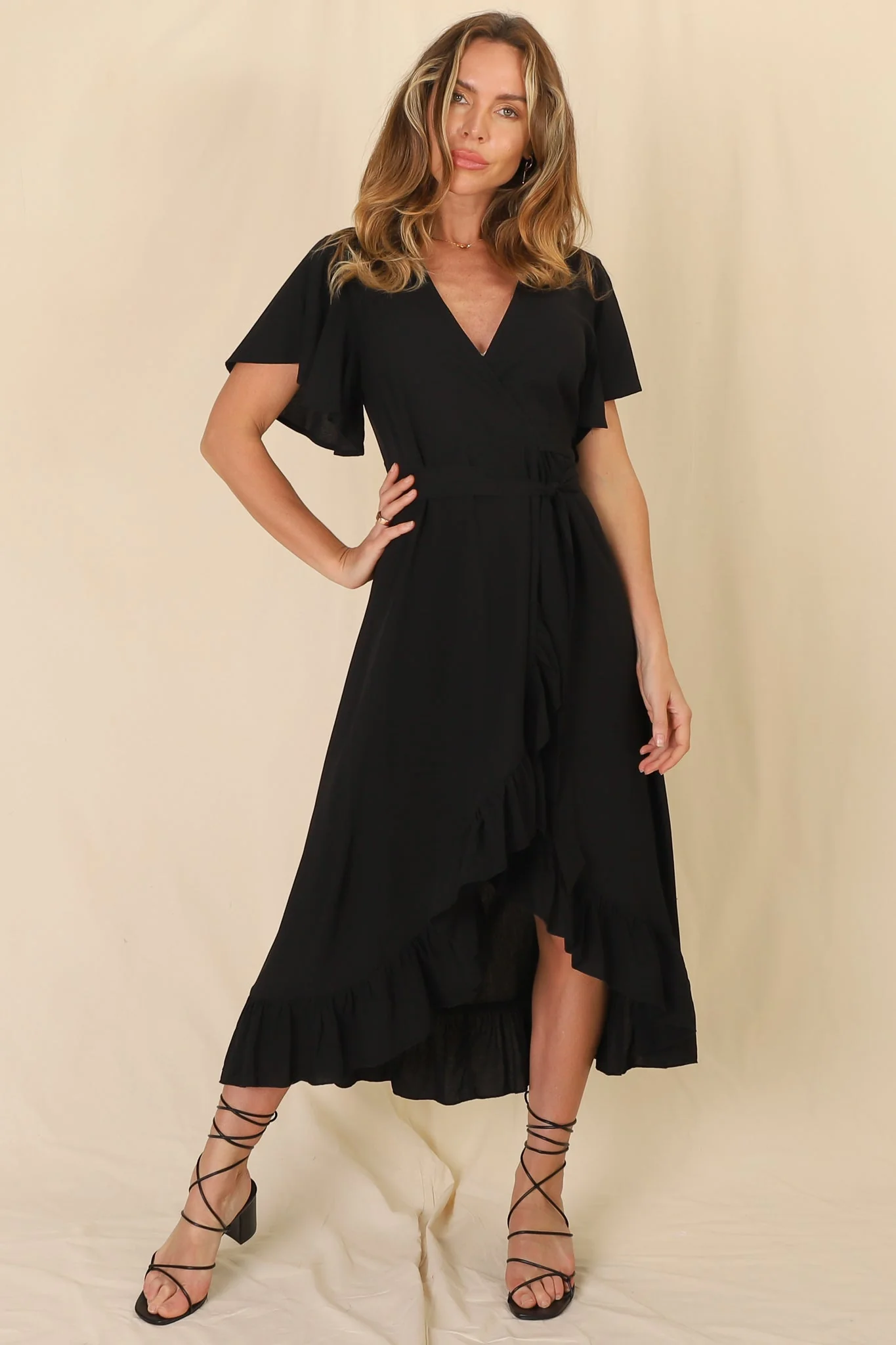 Carolina Midi Dress - V Neck Wrap Dress with Ruffle High Low Hemline in Black - Image 8