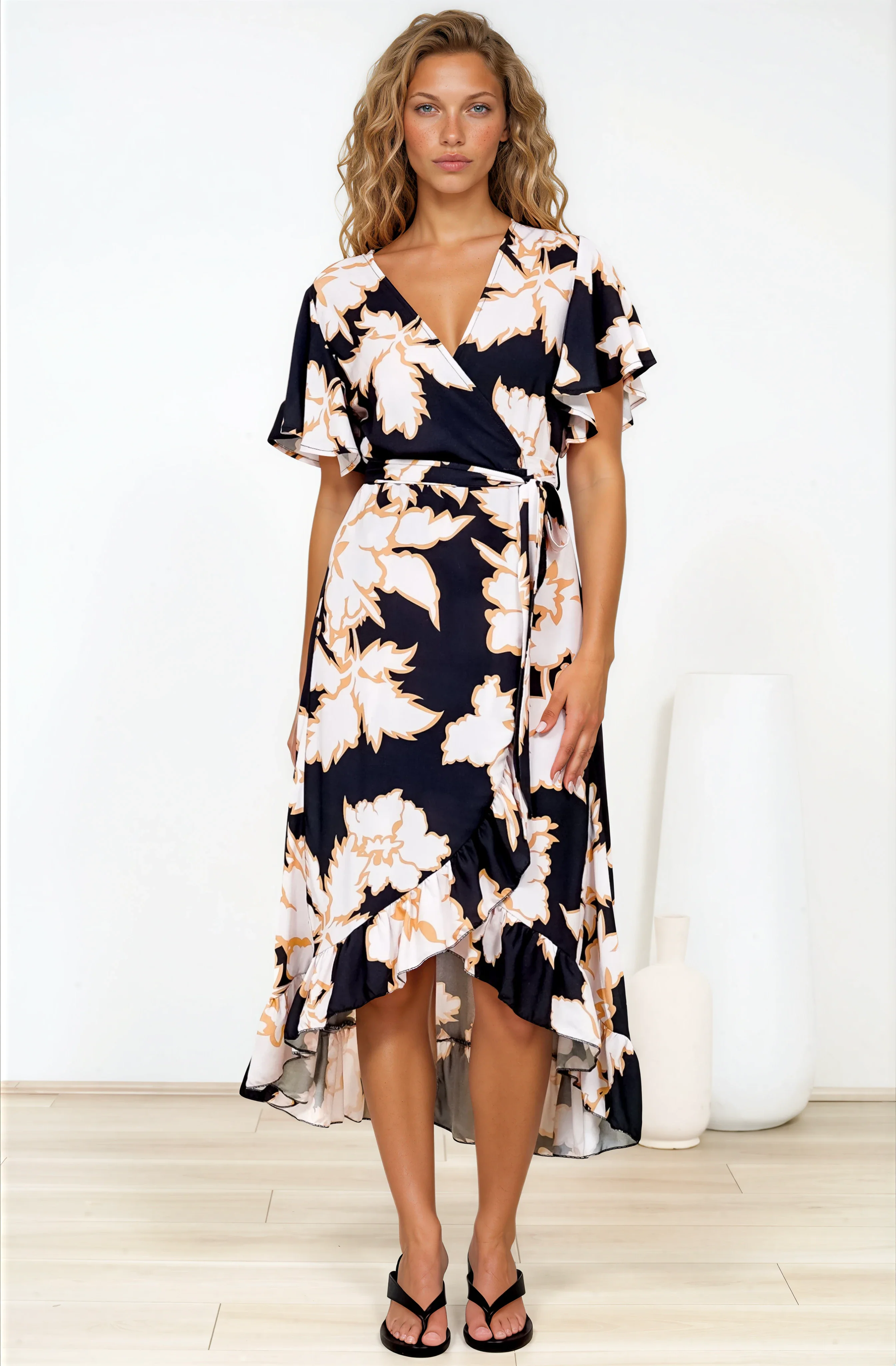 Carolina Midi Dress - V Neck Wrap Dress with Ruffle High Low Hemline in Illaria Print - Image 4