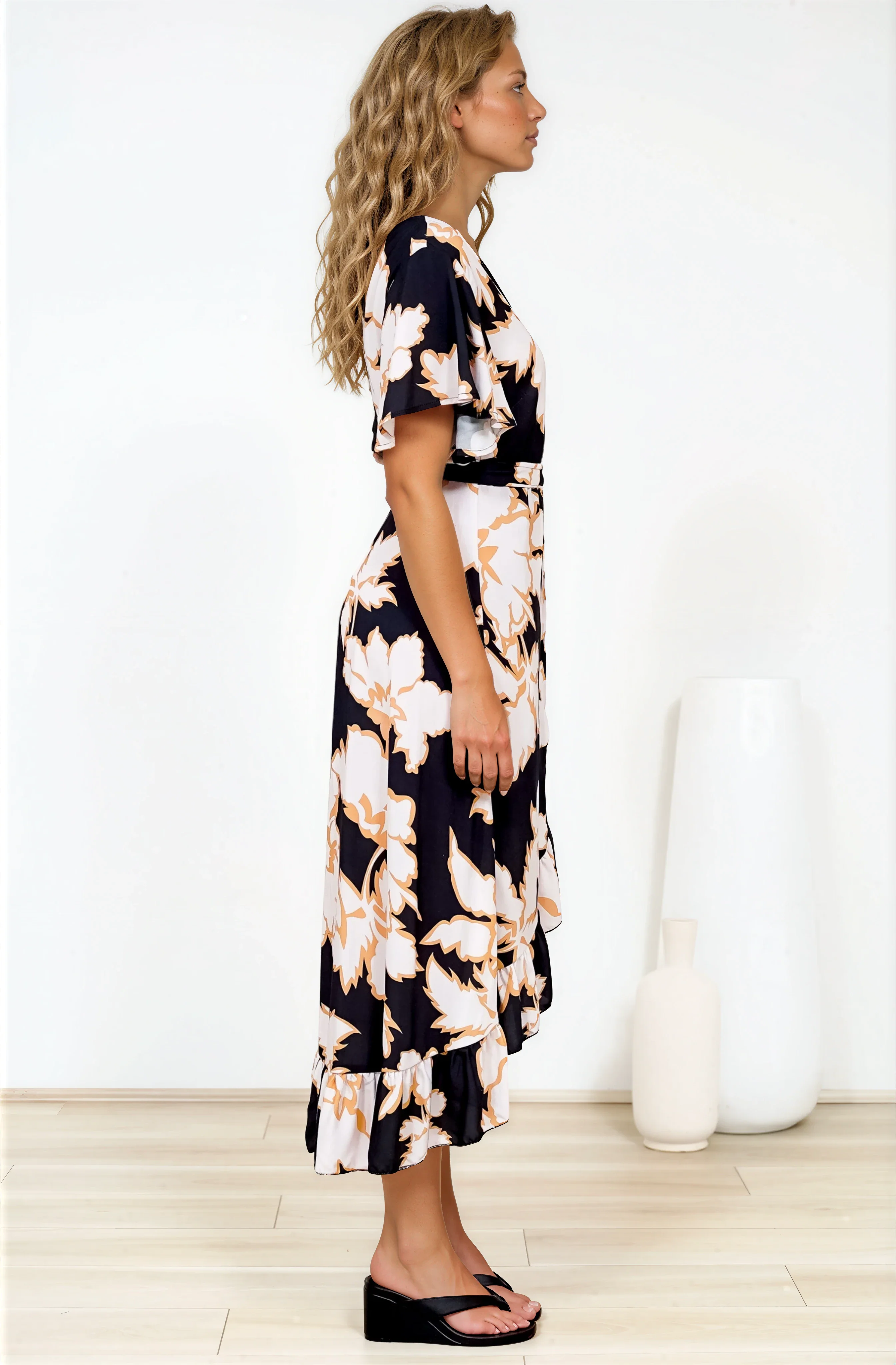 Carolina Midi Dress - V Neck Wrap Dress with Ruffle High Low Hemline in Illaria Print - Image 5
