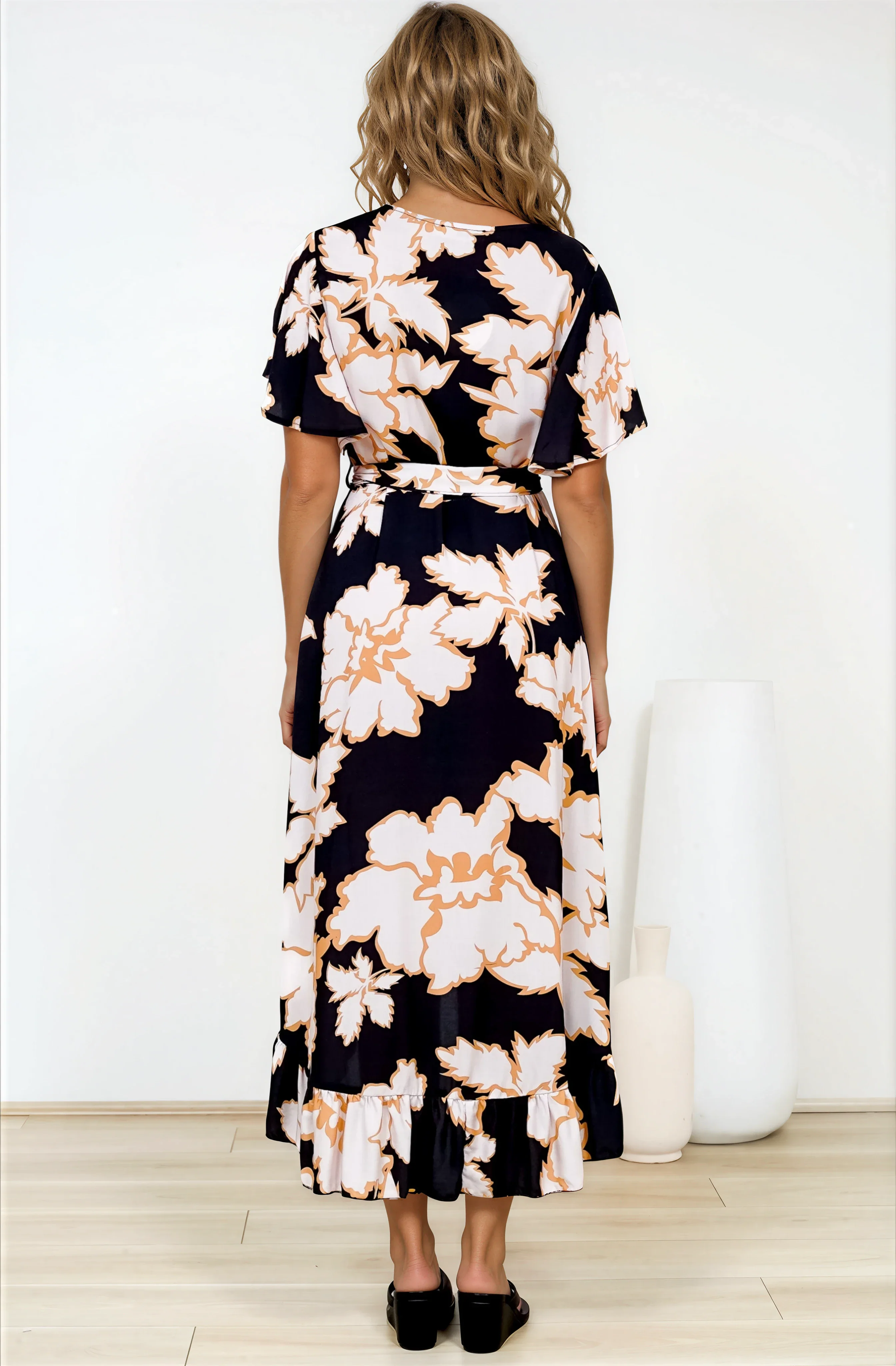 Carolina Midi Dress - V Neck Wrap Dress with Ruffle High Low Hemline in Illaria Print - Image 6