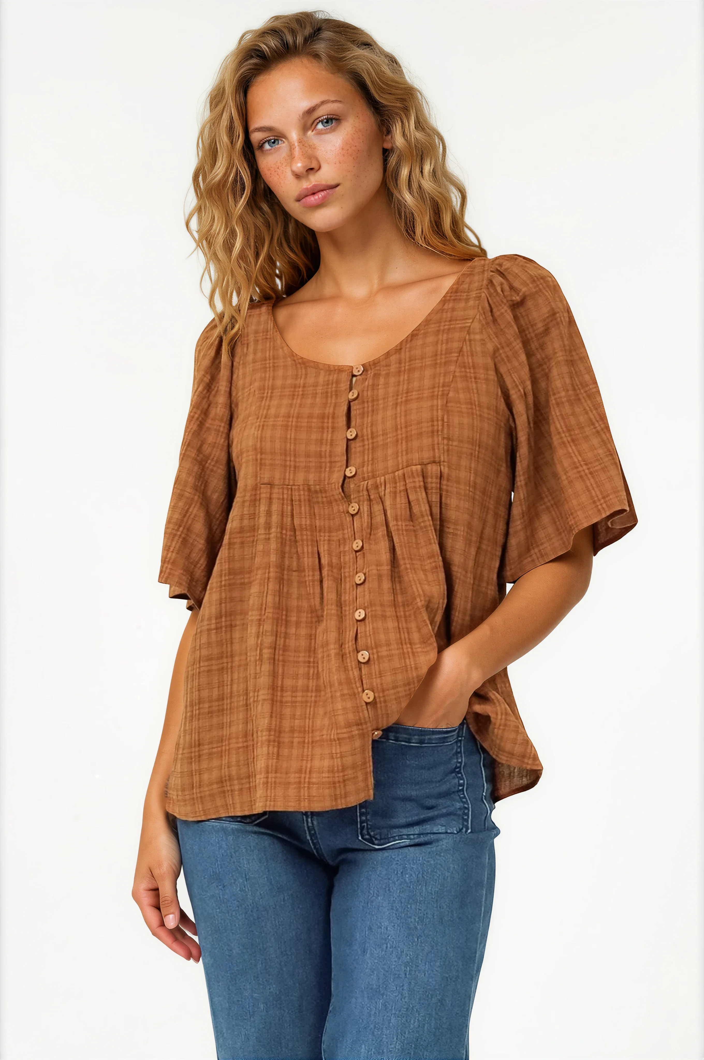 Casita Top - Scoop Neck Textured Babydoll Top with Flutter Sleeves in Tan - Image 2