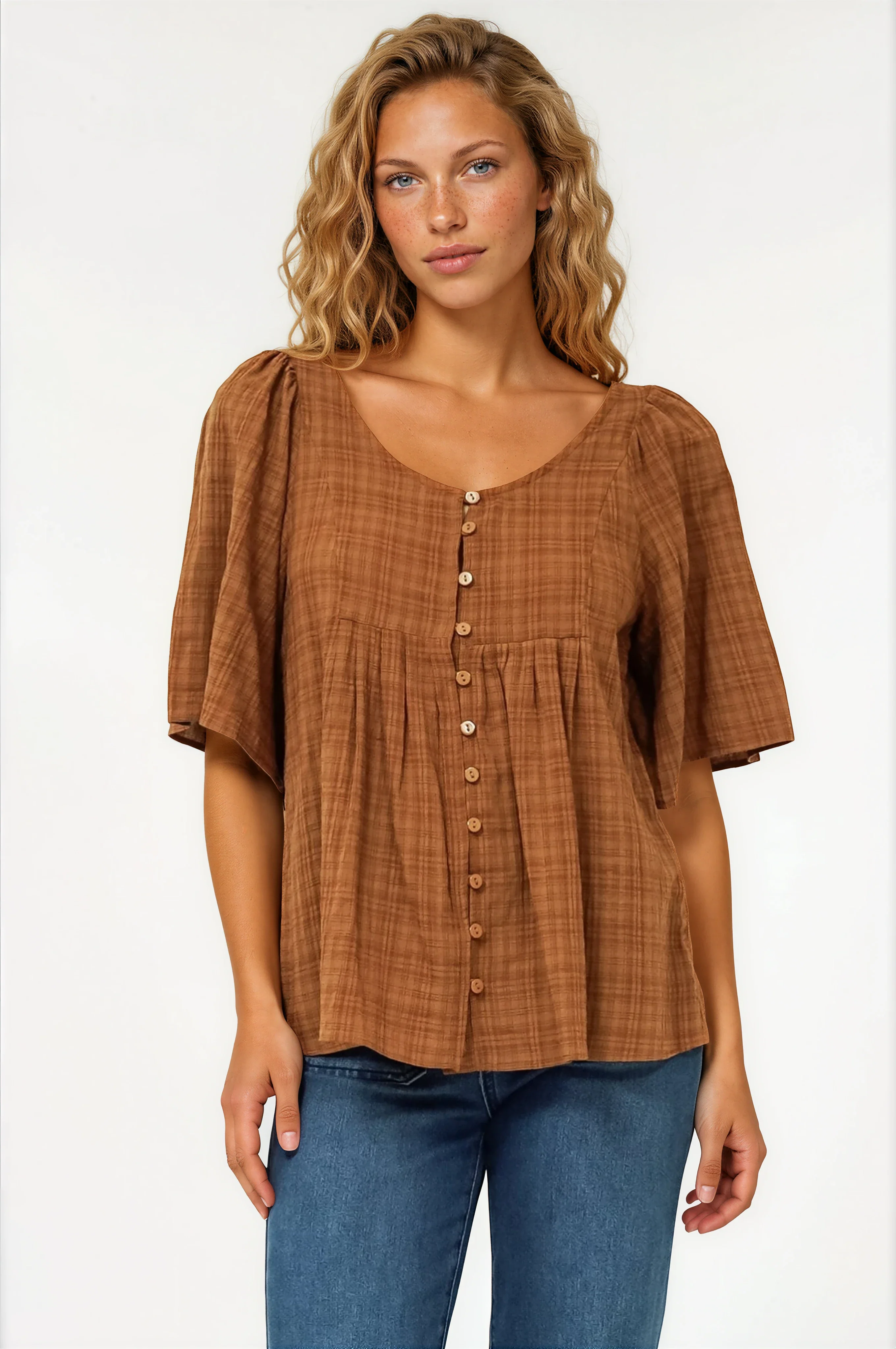Casita Top - Scoop Neck Textured Babydoll Top with Flutter Sleeves in Tan - Image 3