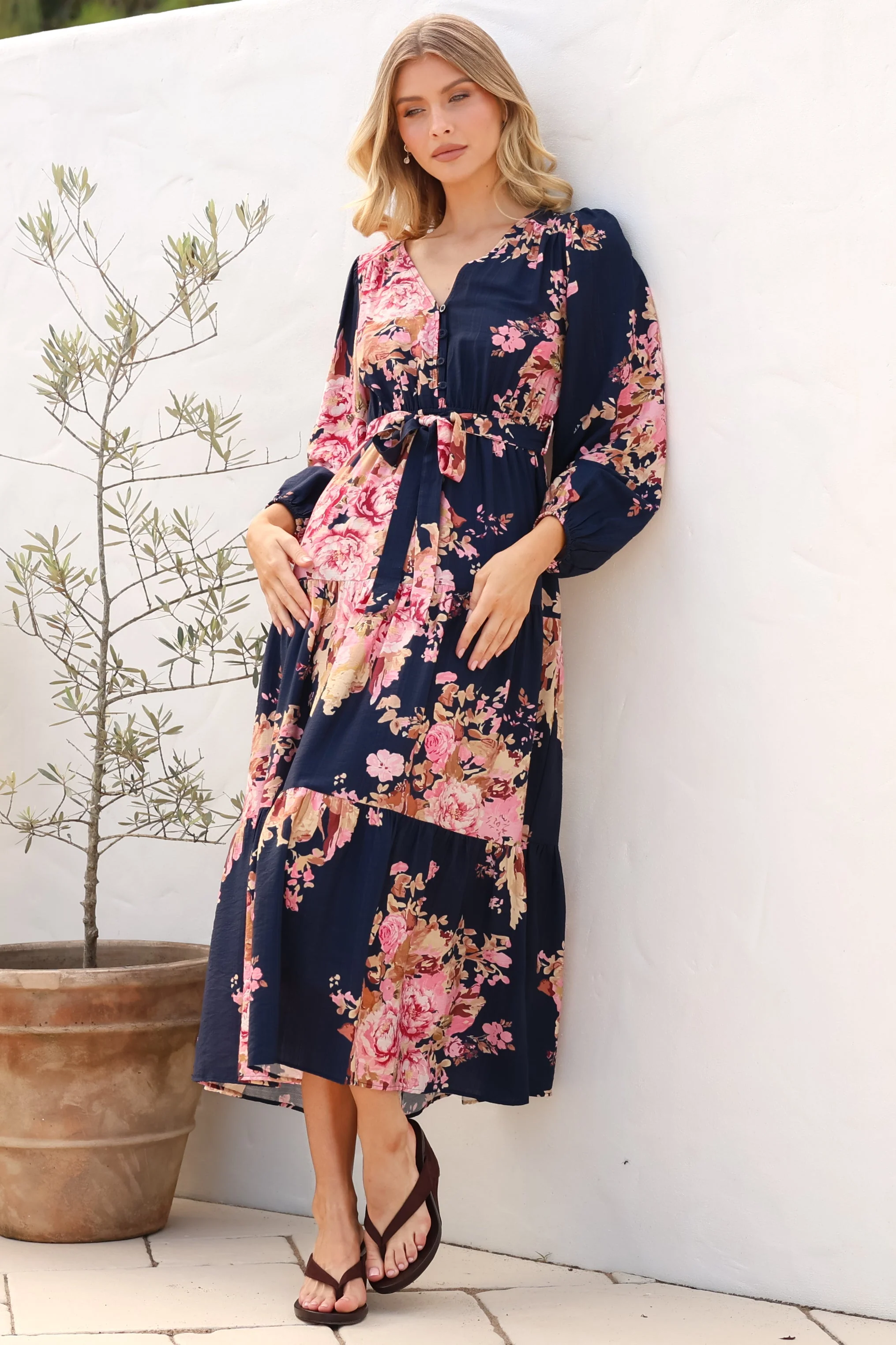 Cassandra Midi Dress - Tiered Long Sleeve Dress with Waist Tie in Vela Print Navy - Image 2
