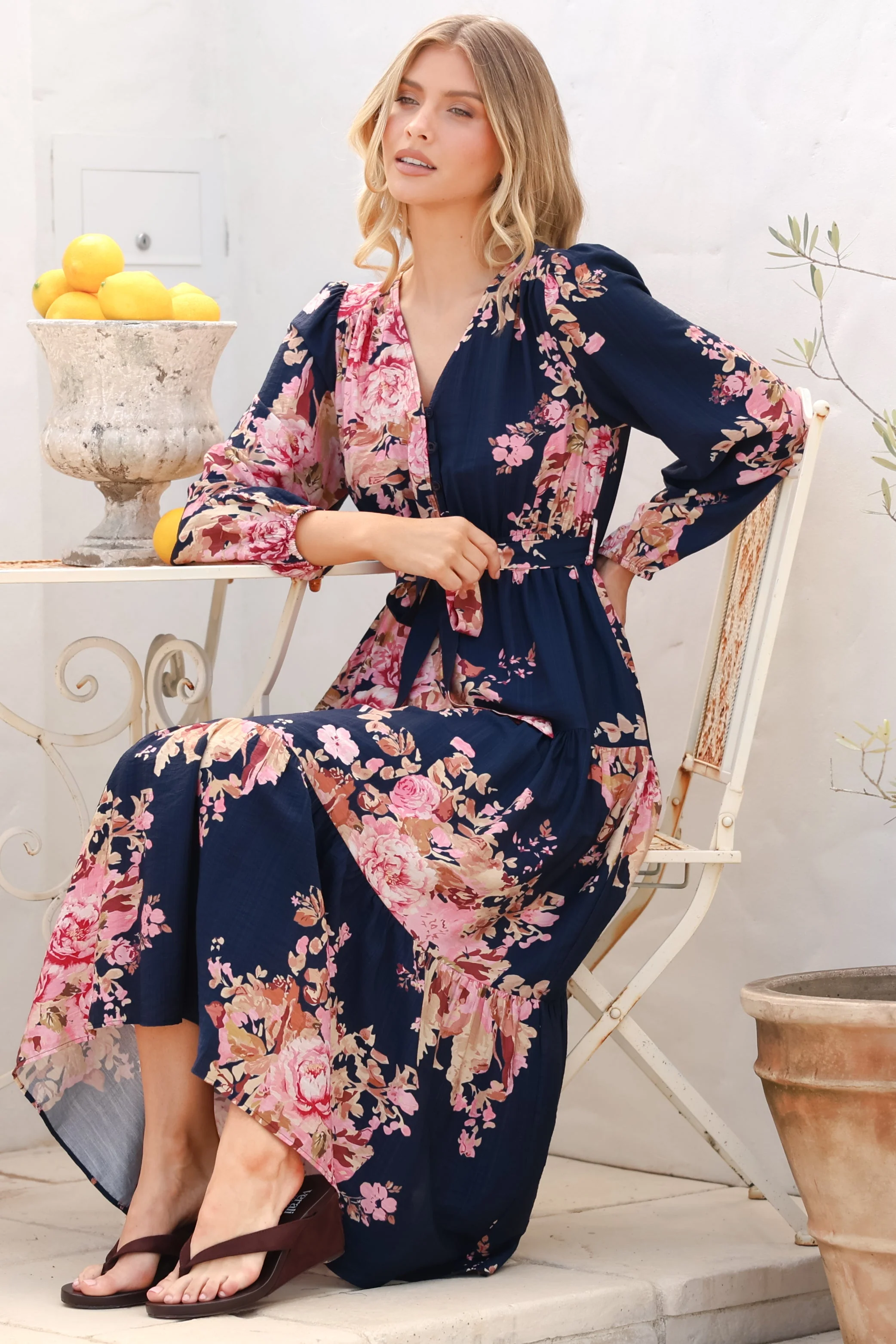Cassandra Midi Dress - Tiered Long Sleeve Dress with Waist Tie in Vela Print Navy - Image 3