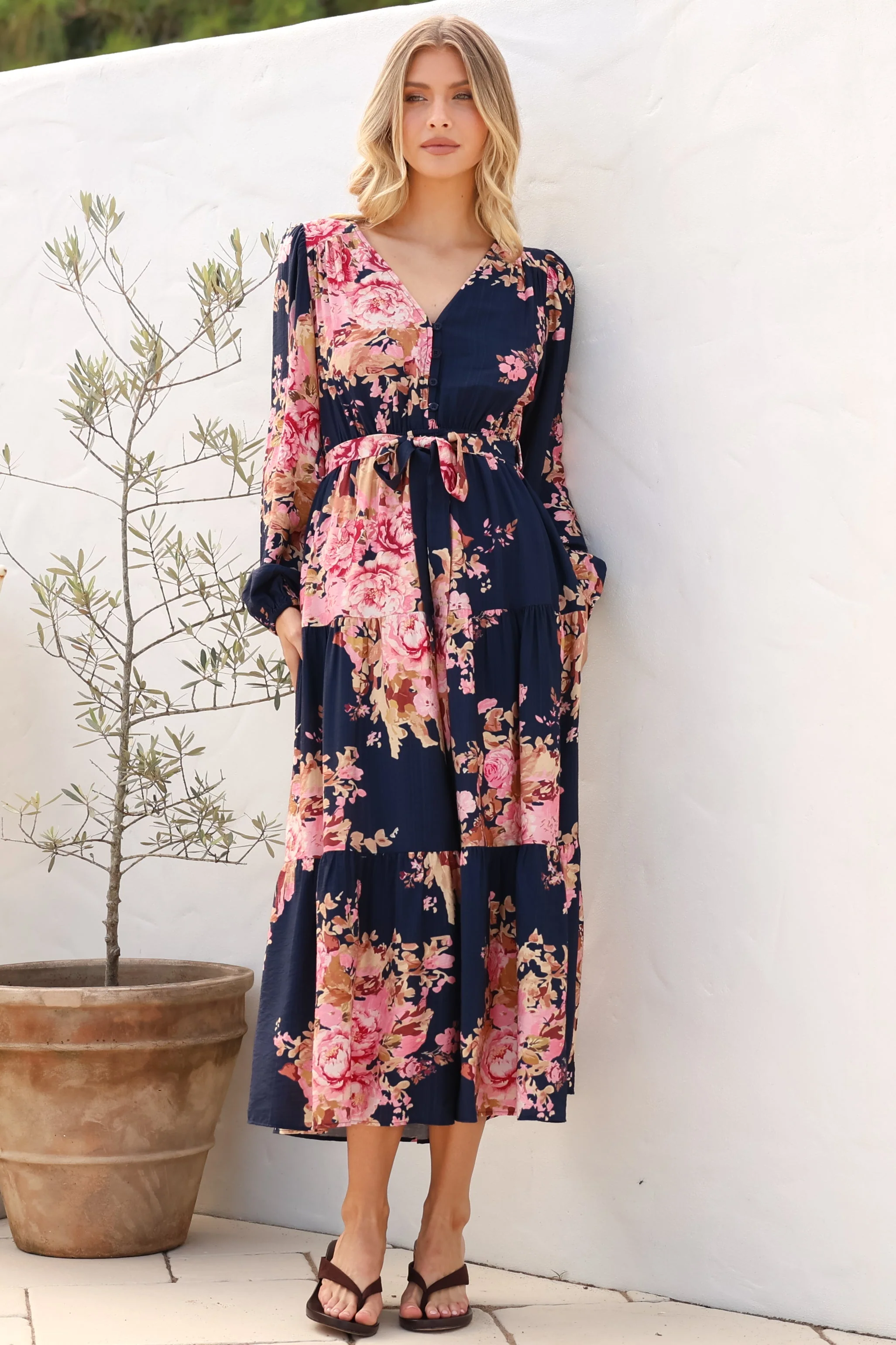 Cassandra Midi Dress - Tiered Long Sleeve Dress with Waist Tie in Vela Print Navy - Image 4