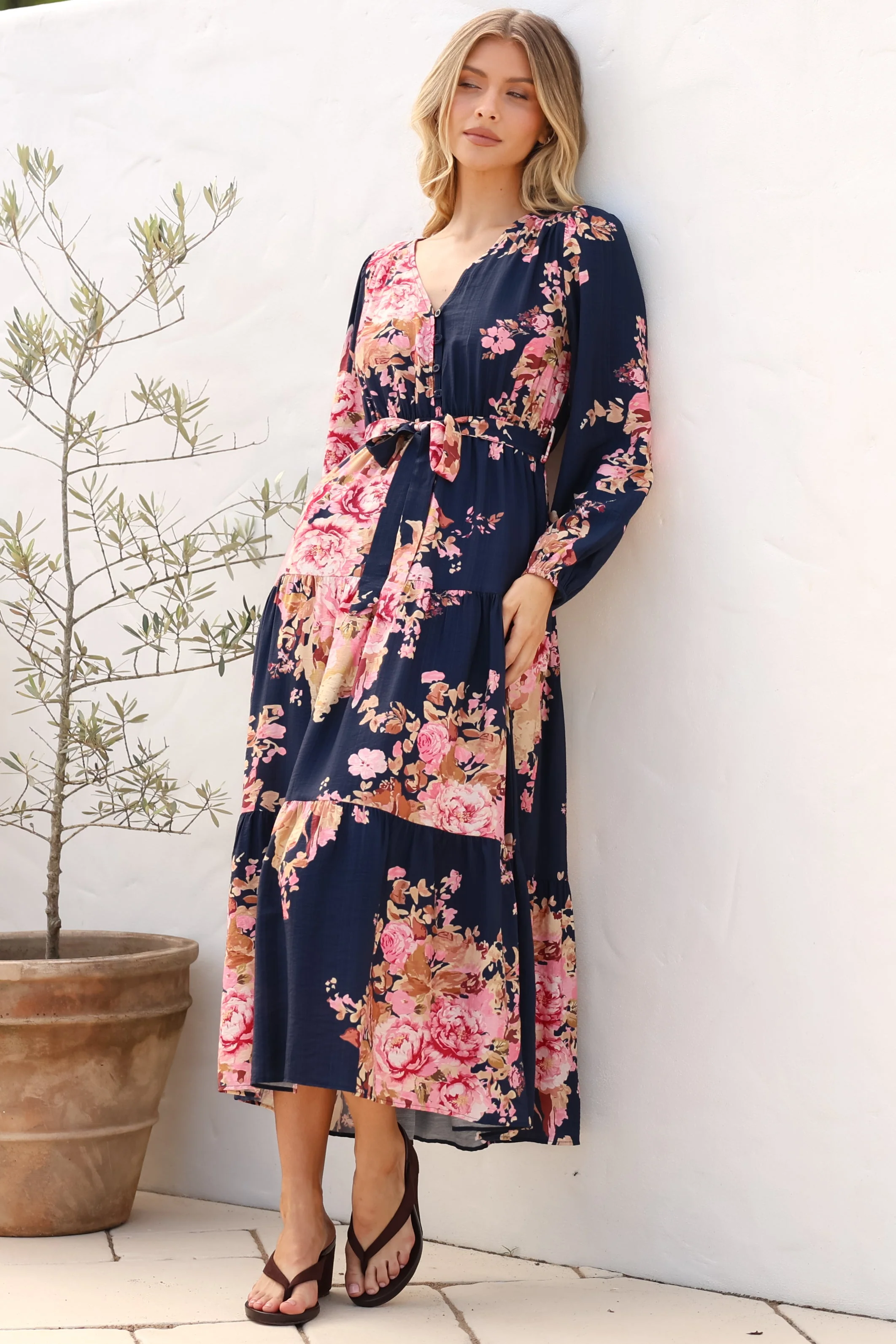 Cassandra Midi Dress - Tiered Long Sleeve Dress with Waist Tie in Vela Print Navy - Image 5