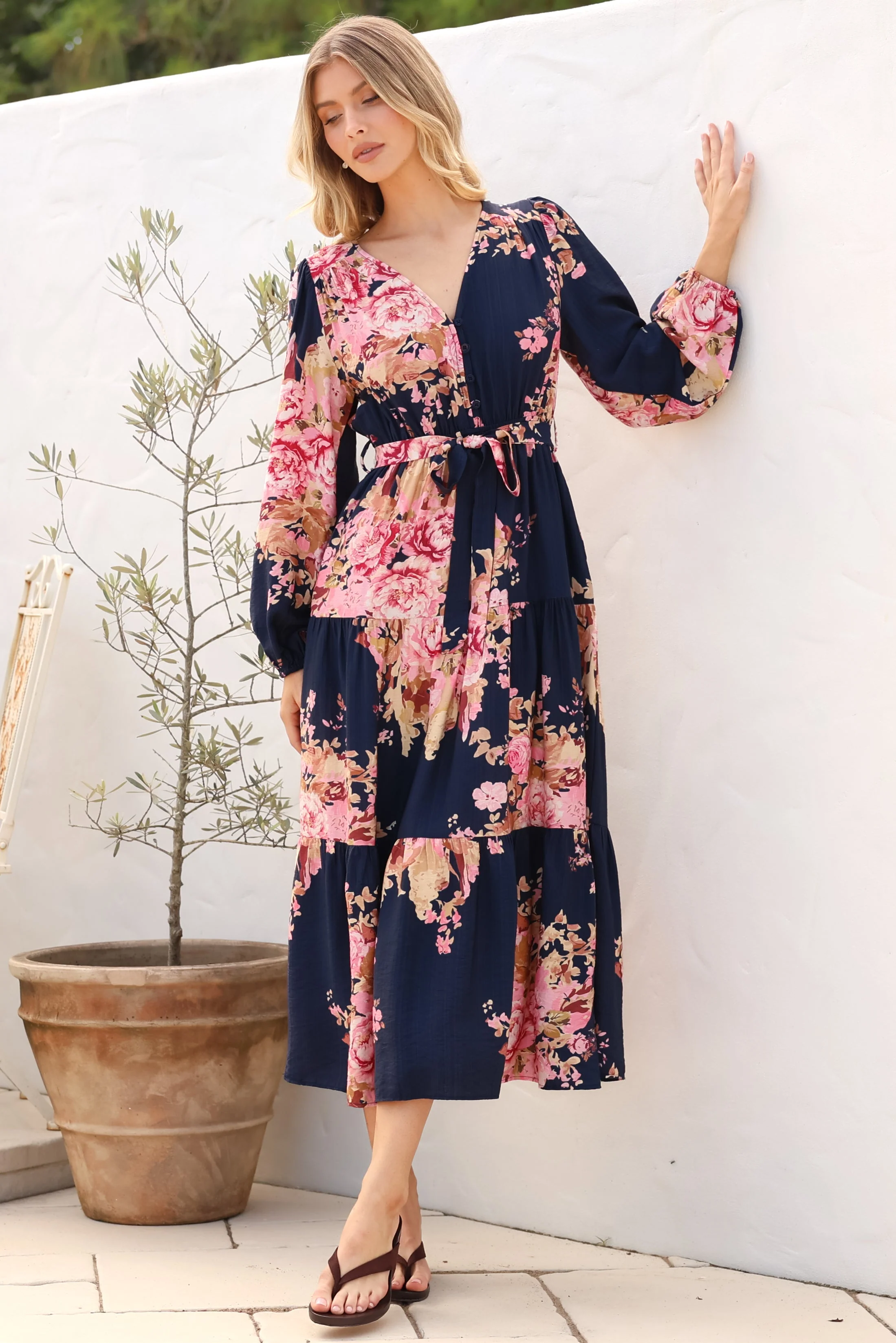Cassandra Midi Dress - Tiered Long Sleeve Dress with Waist Tie in Vela Print Navy - Image 6