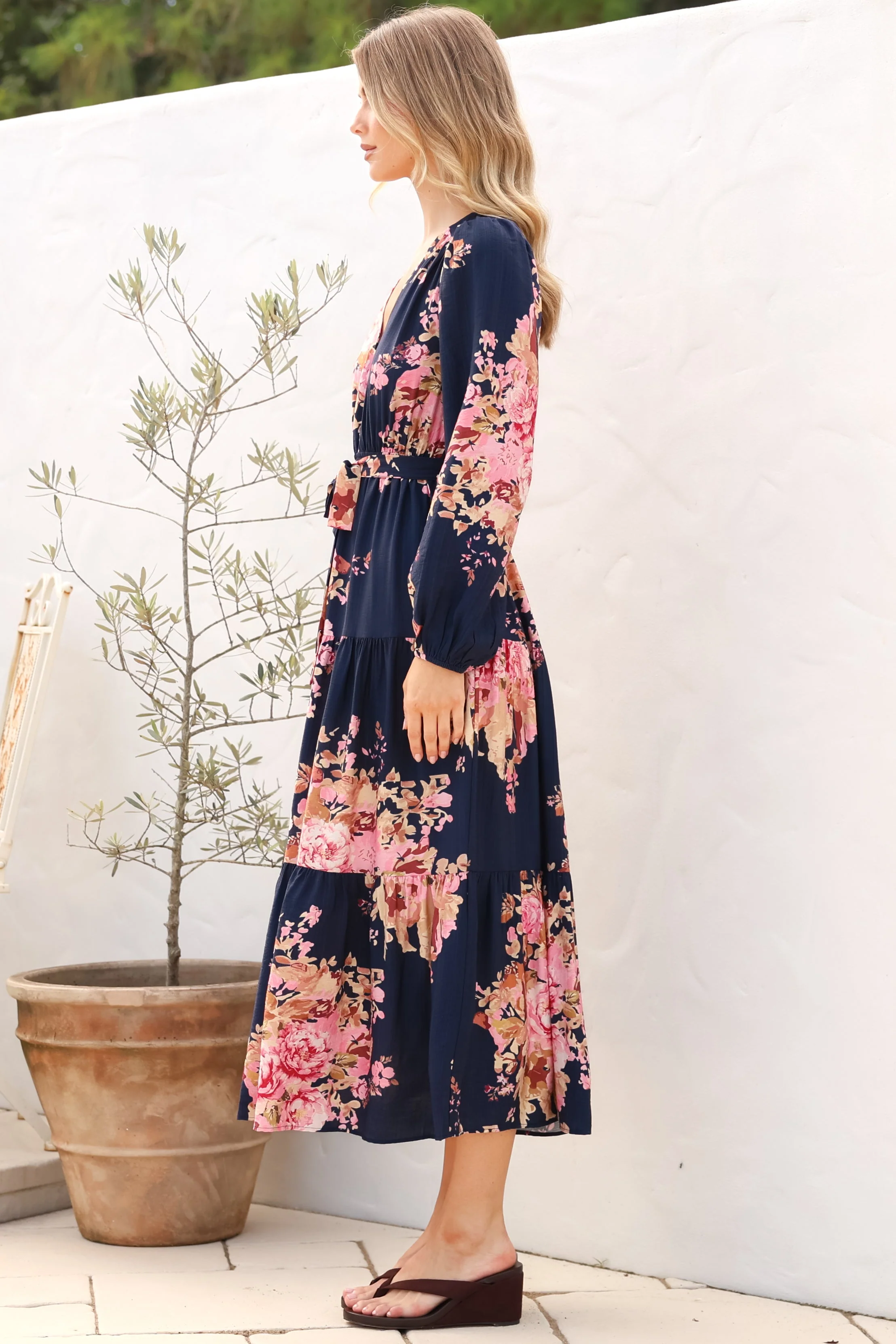 Cassandra Midi Dress - Tiered Long Sleeve Dress with Waist Tie in Vela Print Navy - Image 7