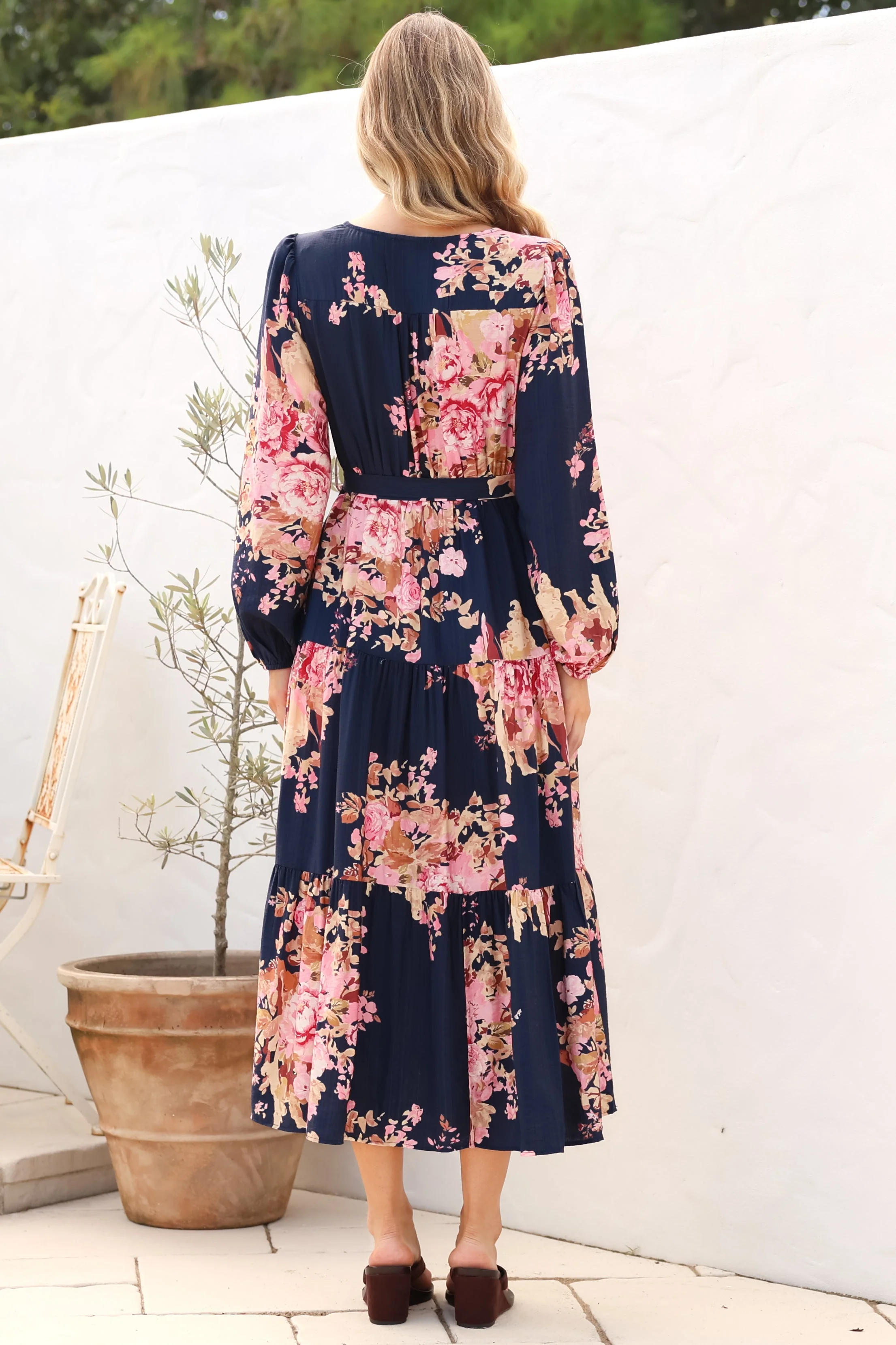 Cassandra Midi Dress - Tiered Long Sleeve Dress with Waist Tie in Vela Print Navy - Image 8