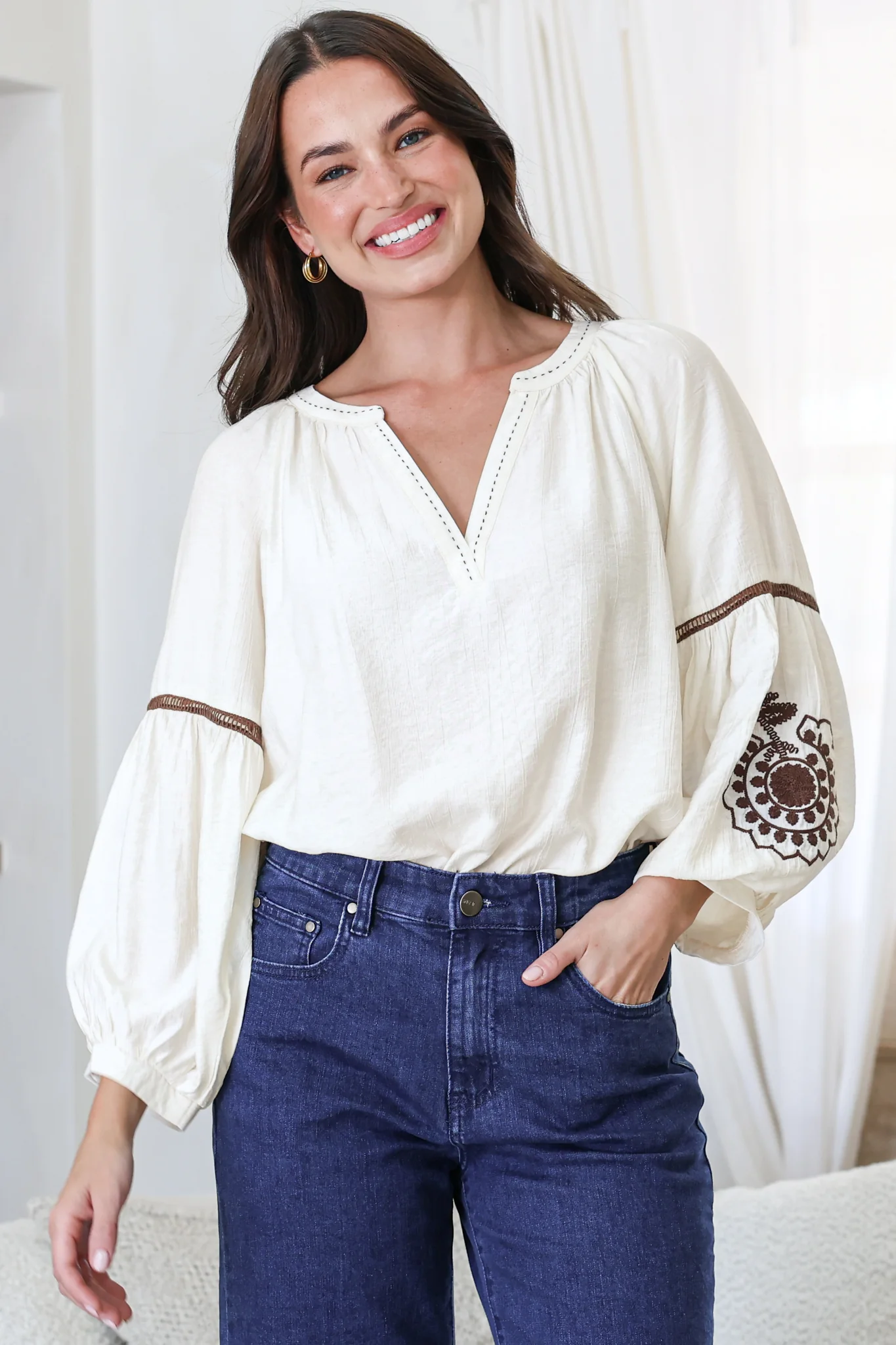 Cassel Top - Round Split Collar Pullover Embroidered Top with Balloon Sleeves in Cream