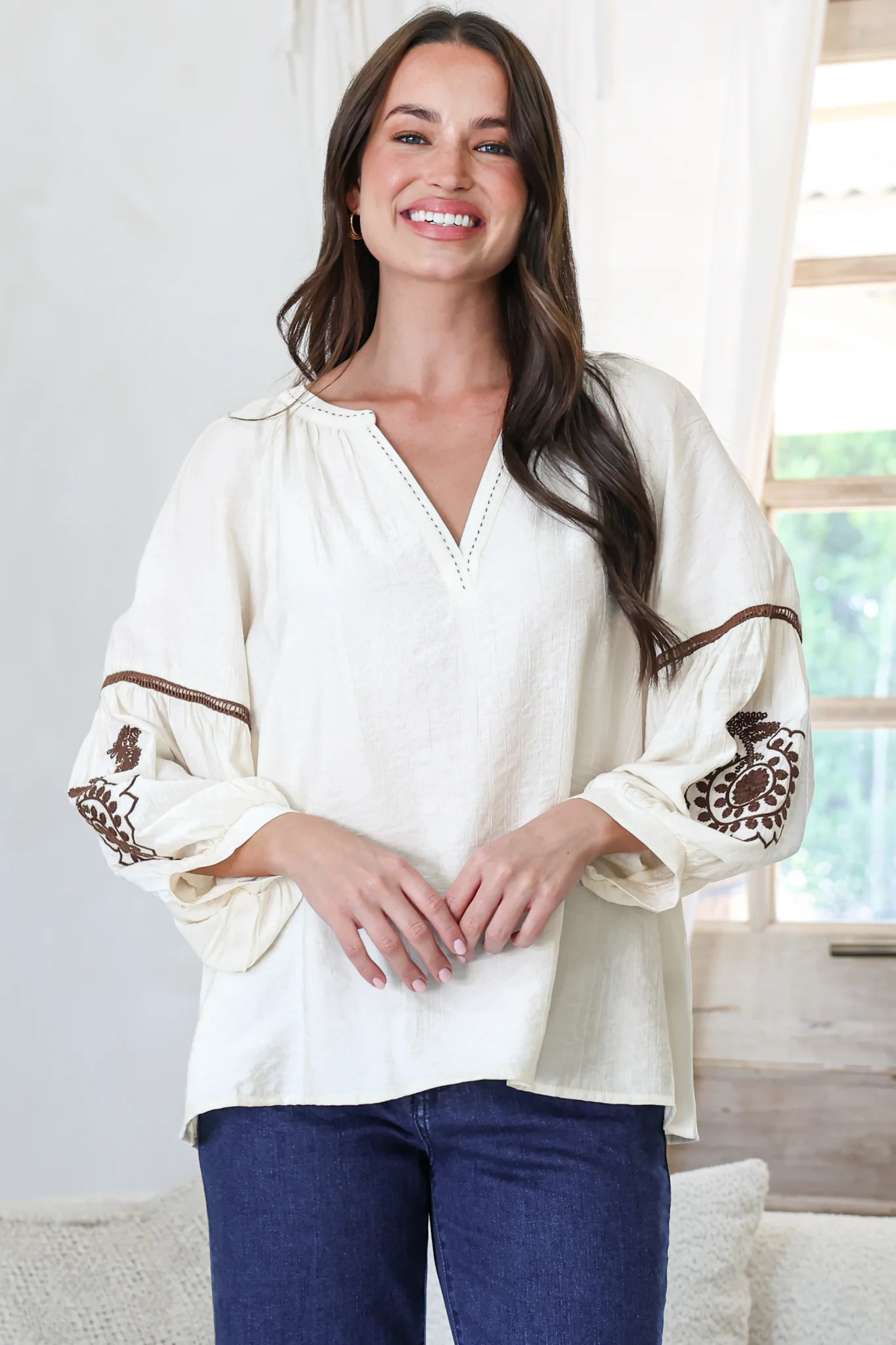 Cassel Top - Round Split Collar Pullover Embroidered Top with Balloon Sleeves in Cream - Image 2