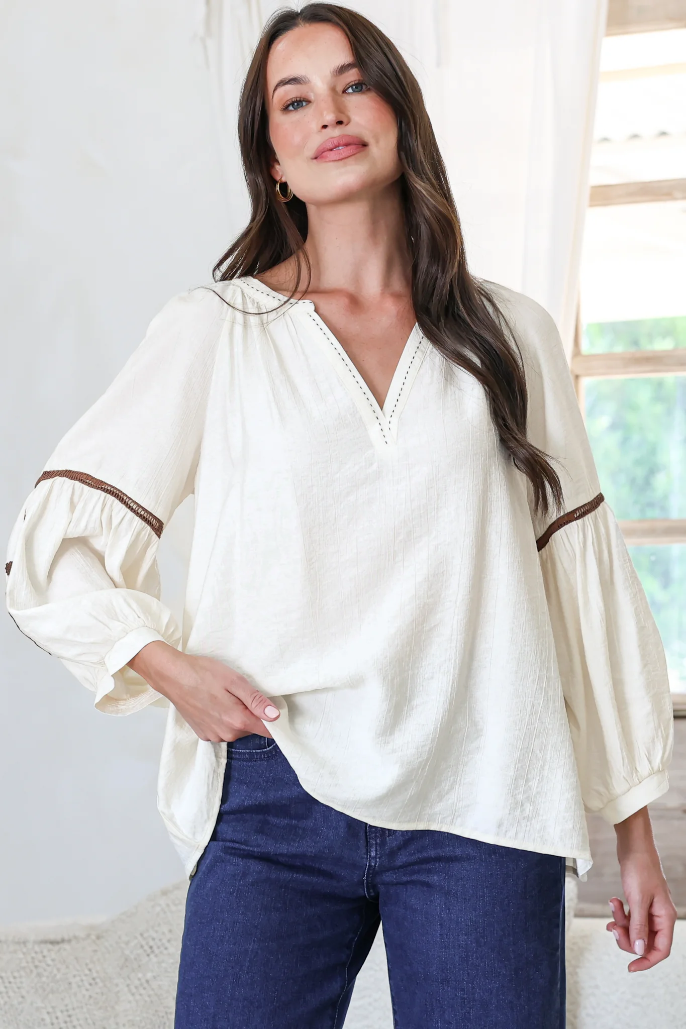 Cassel Top - Round Split Collar Pullover Embroidered Top with Balloon Sleeves in Cream - Image 4