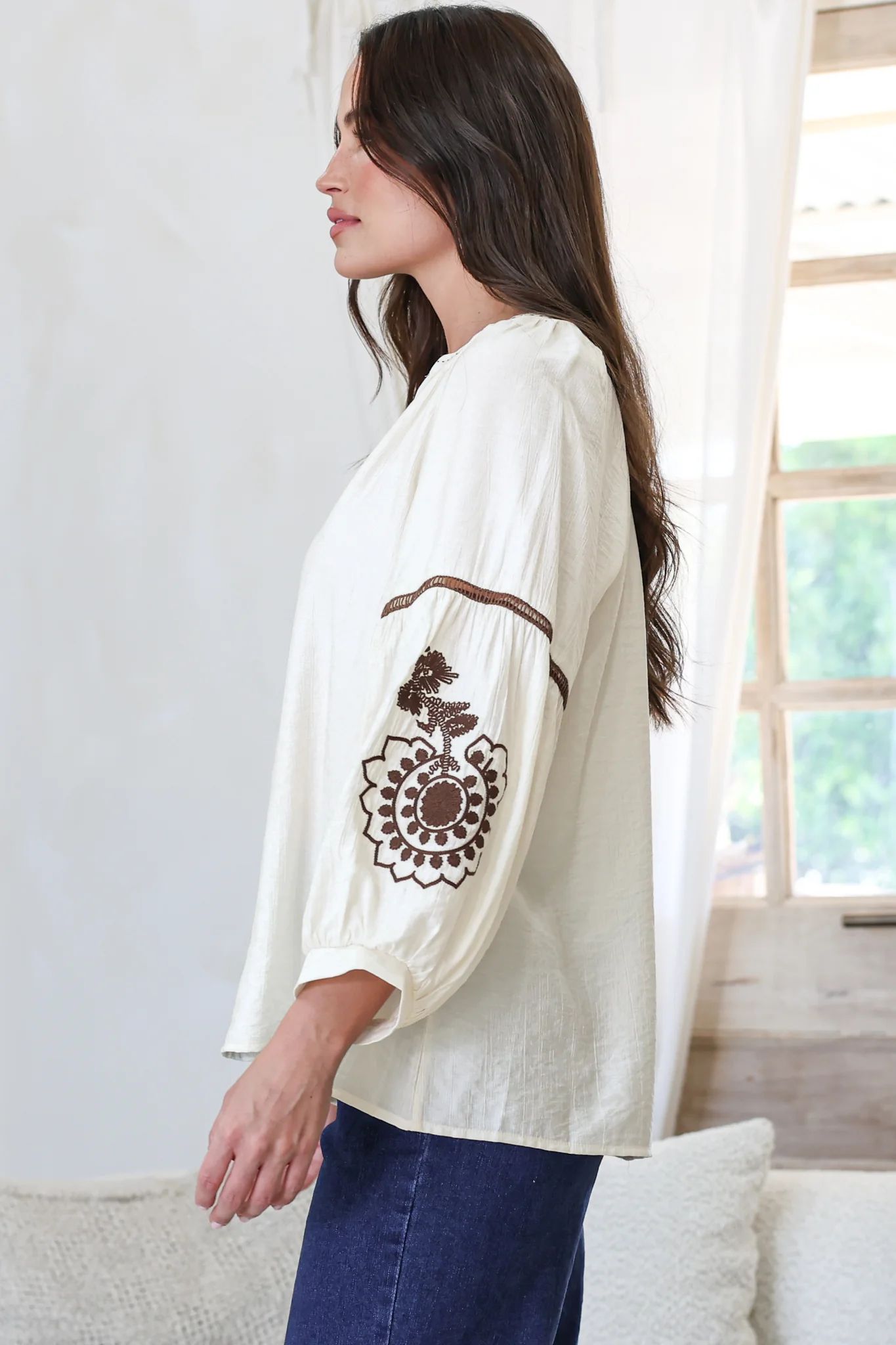Cassel Top - Round Split Collar Pullover Embroidered Top with Balloon Sleeves in Cream - Image 5