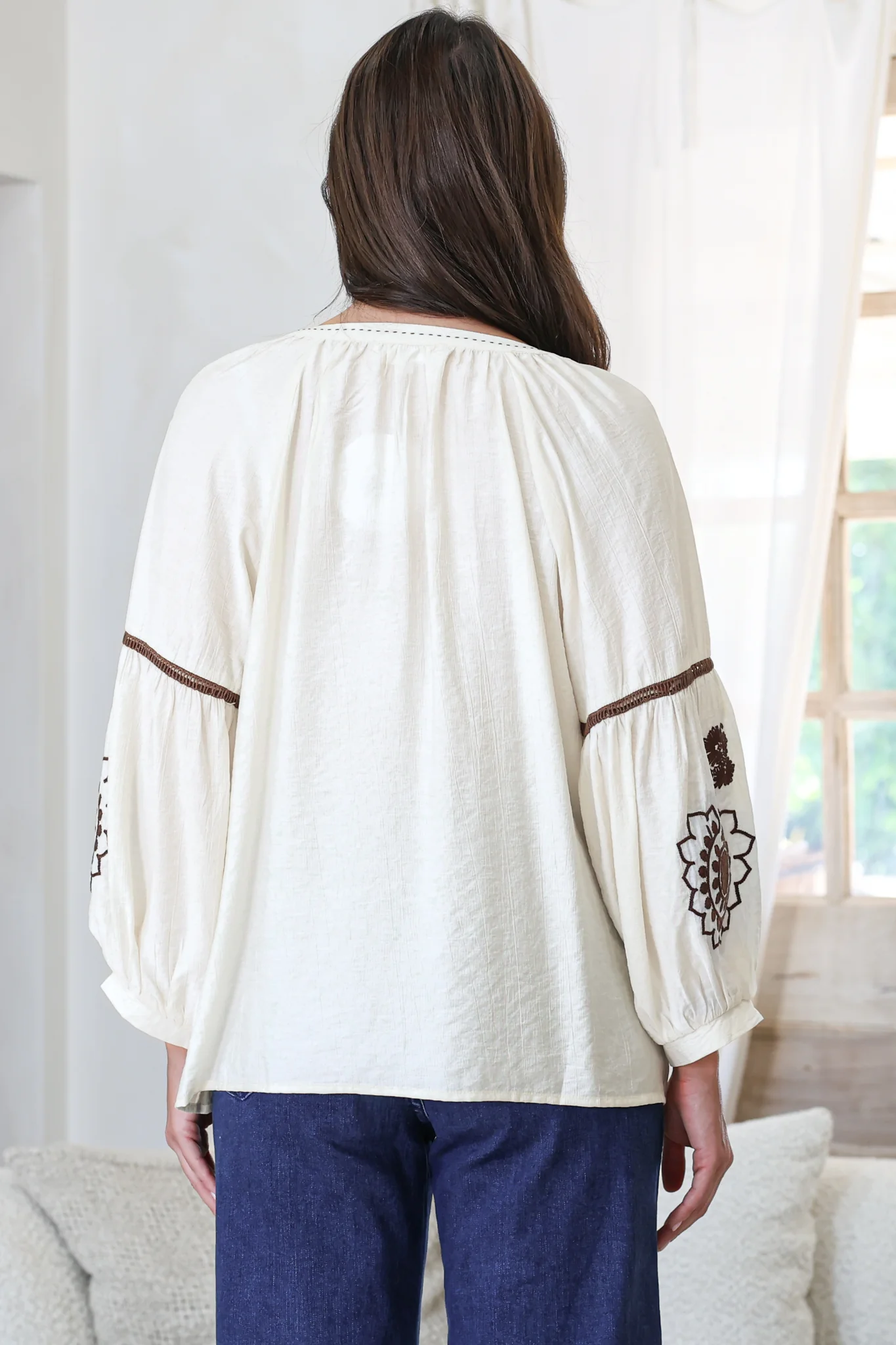 Cassel Top - Round Split Collar Pullover Embroidered Top with Balloon Sleeves in Cream - Image 6