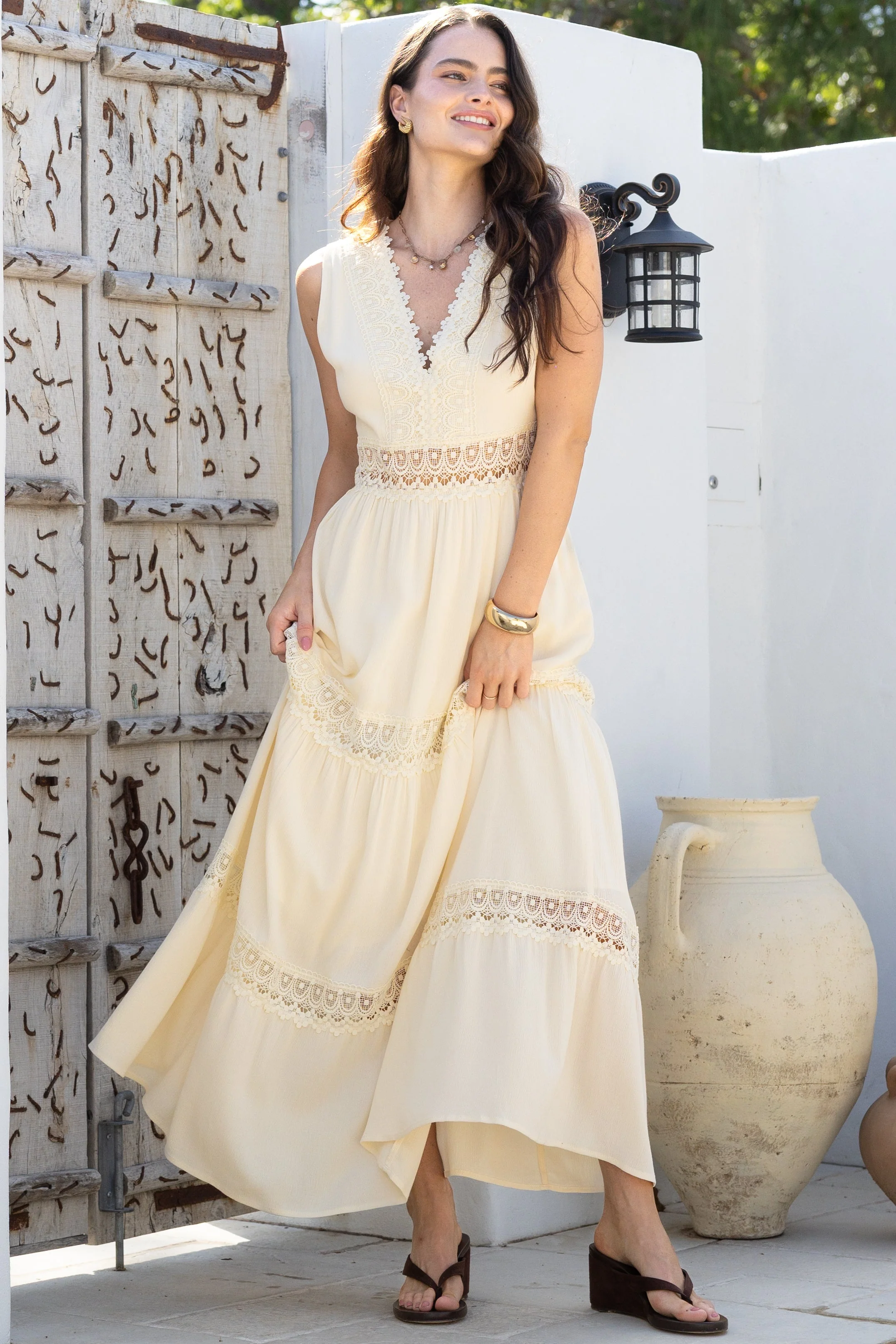 Cassia Maxi Dress - Lace Trim V-Neck Sleeveless with Lace Splicing Dress in Cream - Image 2