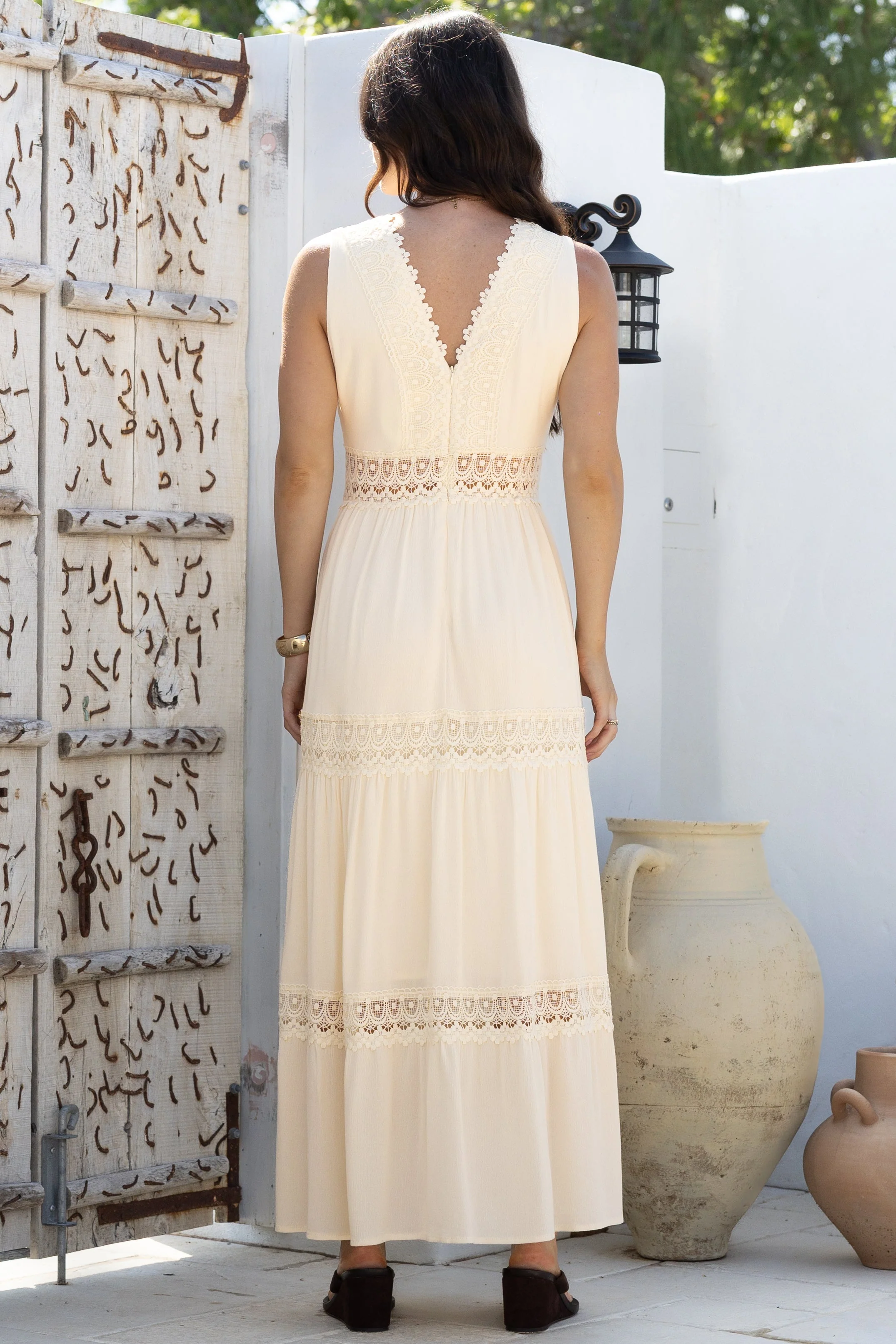 Cassia Maxi Dress - Lace Trim V-Neck Sleeveless with Lace Splicing Dress in Cream - Image 9