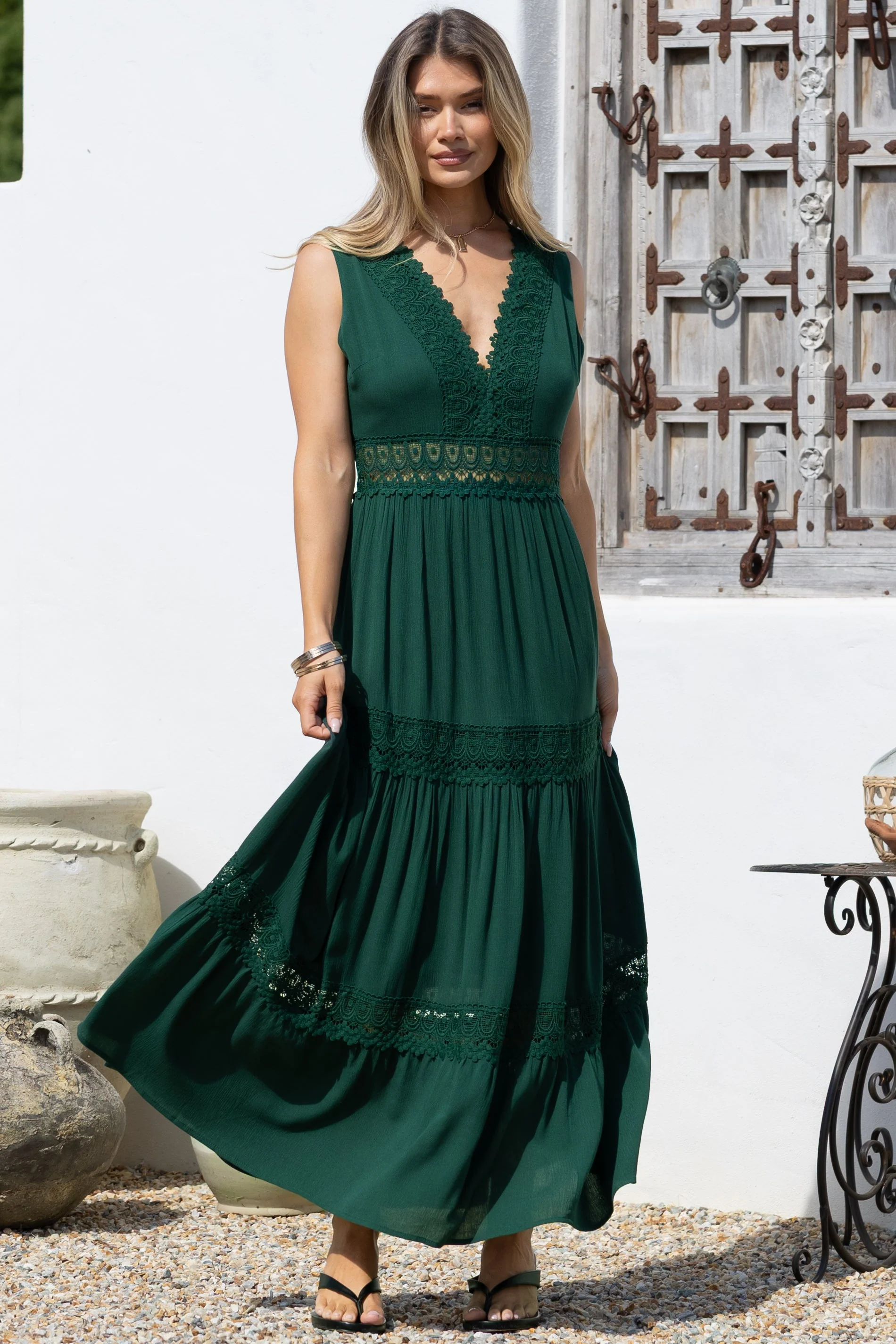 Cassia Maxi Dress - Lace Trim V-Neck Sleeveless with Lace Splicing Dress in Emerald - Image 2