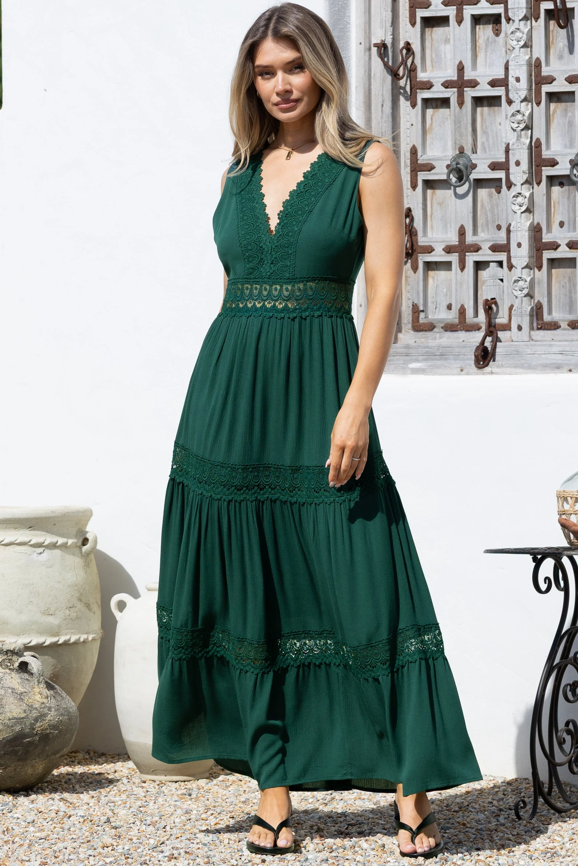 Cassia Maxi Dress - Lace Trim V-Neck Sleeveless with Lace Splicing Dress in Emerald - Image 3