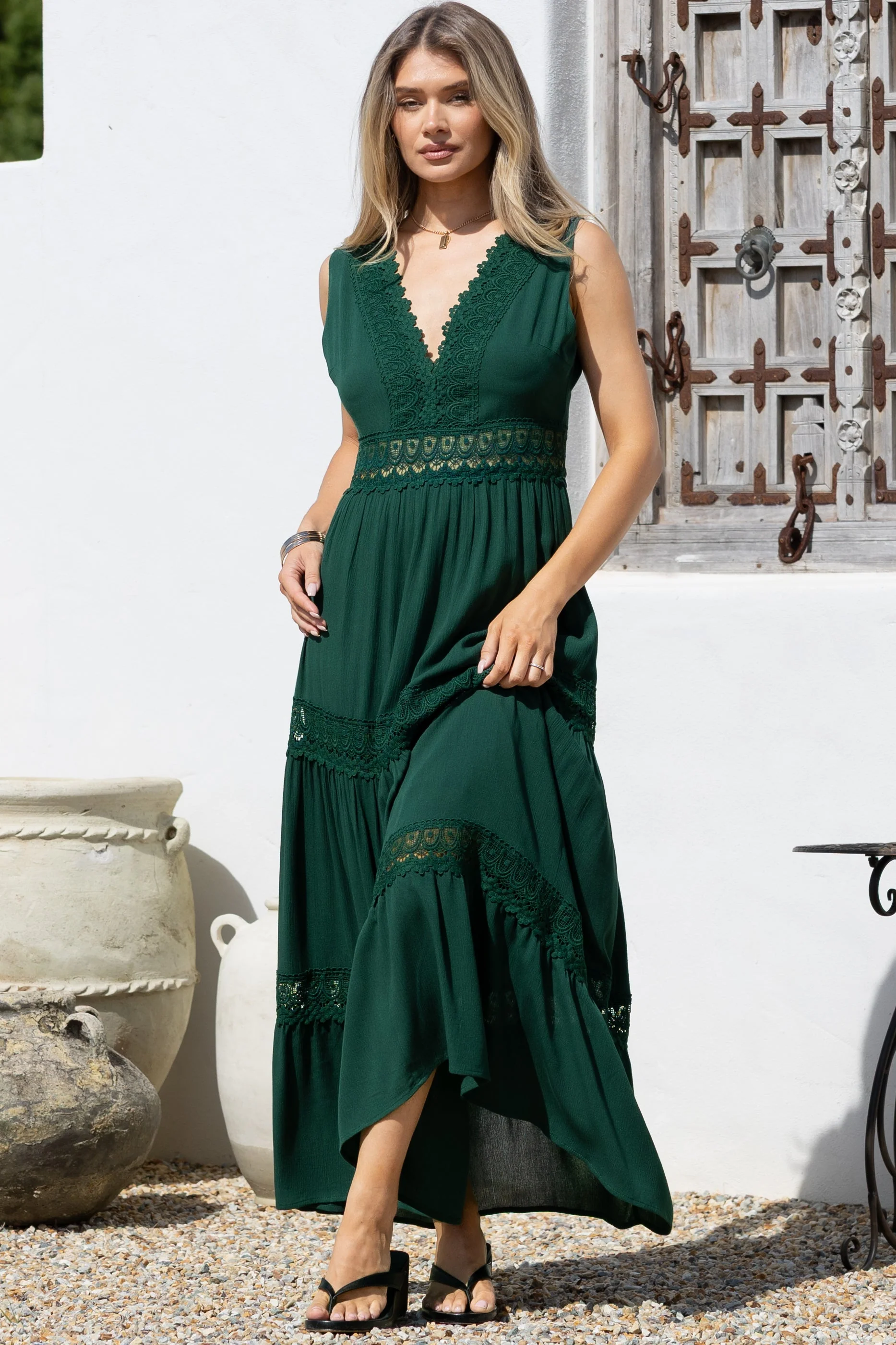 Cassia Maxi Dress - Lace Trim V-Neck Sleeveless with Lace Splicing Dress in Emerald - Image 4