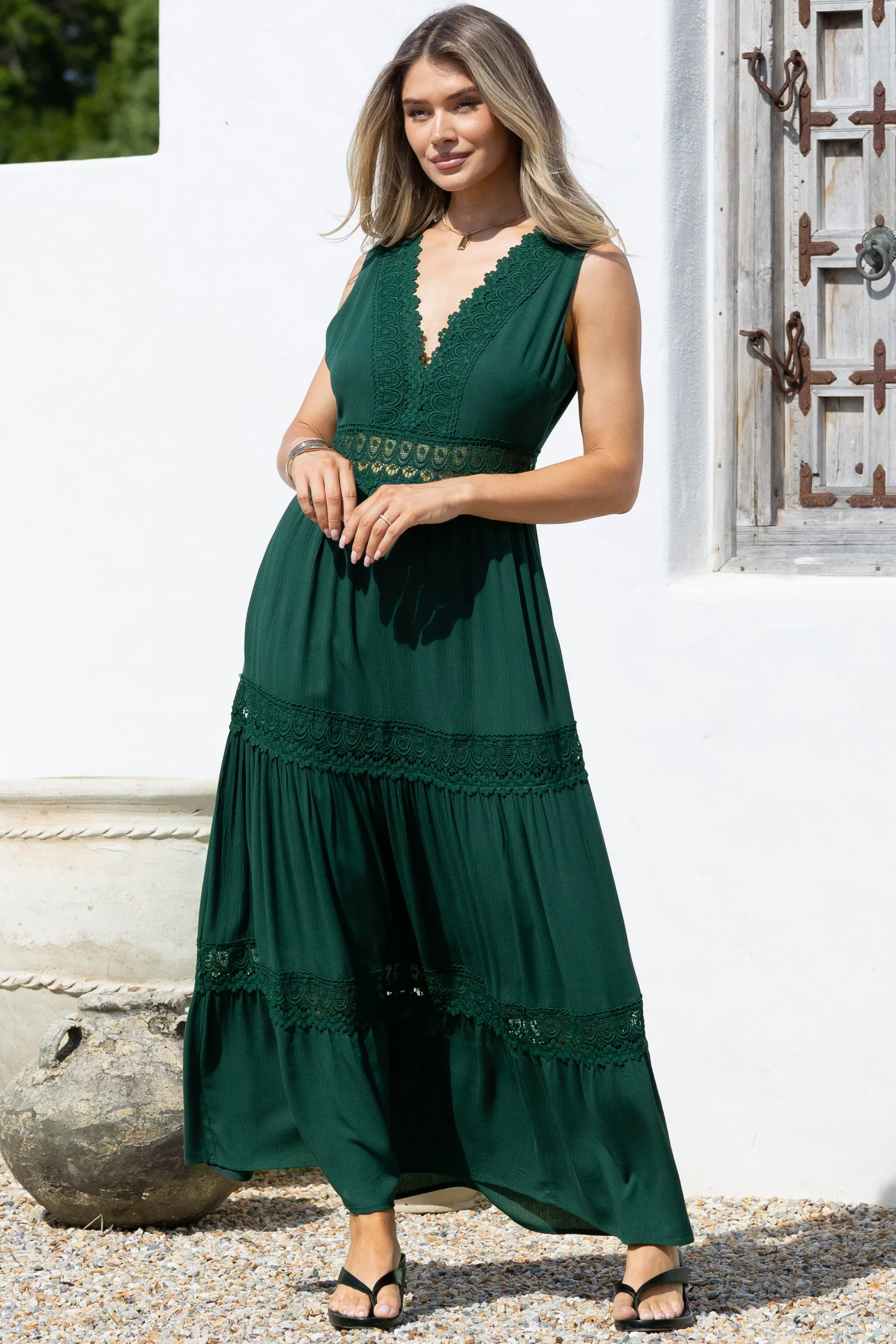 Cassia Maxi Dress - Lace Trim V-Neck Sleeveless with Lace Splicing Dress in Emerald - Image 6