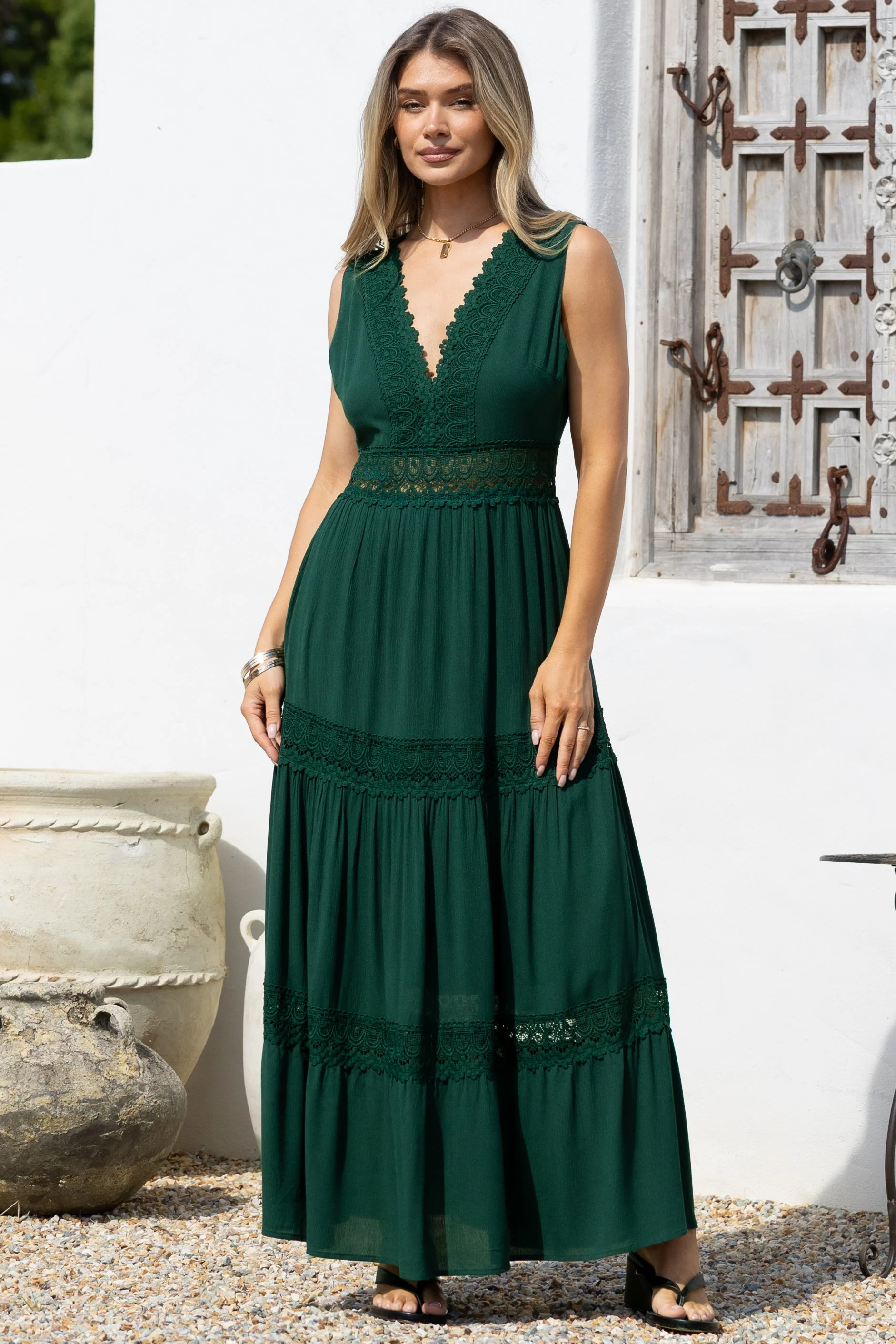Cassia Maxi Dress - Lace Trim V-Neck Sleeveless with Lace Splicing Dress in Emerald - Image 7
