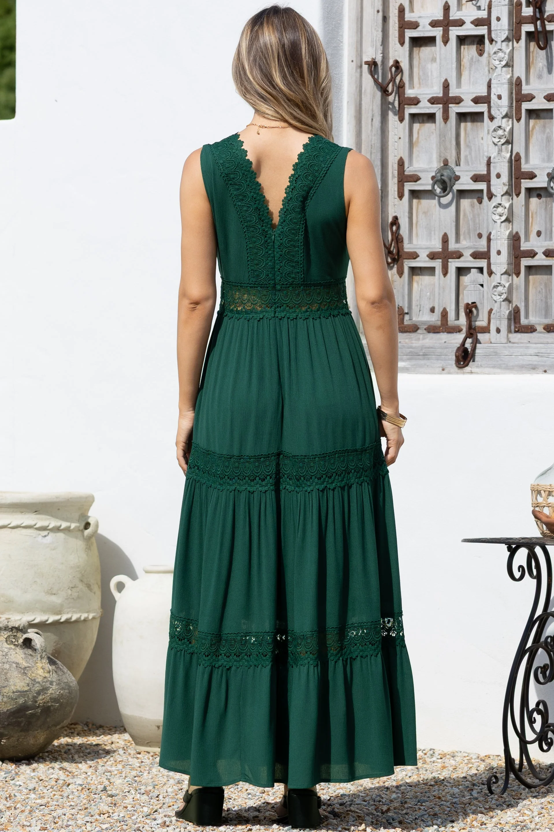 Cassia Maxi Dress - Lace Trim V-Neck Sleeveless with Lace Splicing Dress in Emerald - Image 9