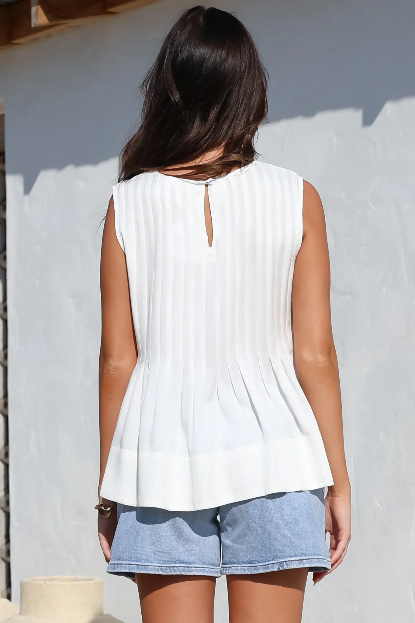 Cassidy Top - Crew Neck Sleeveless Swing Top with Pleats in White - Image 9